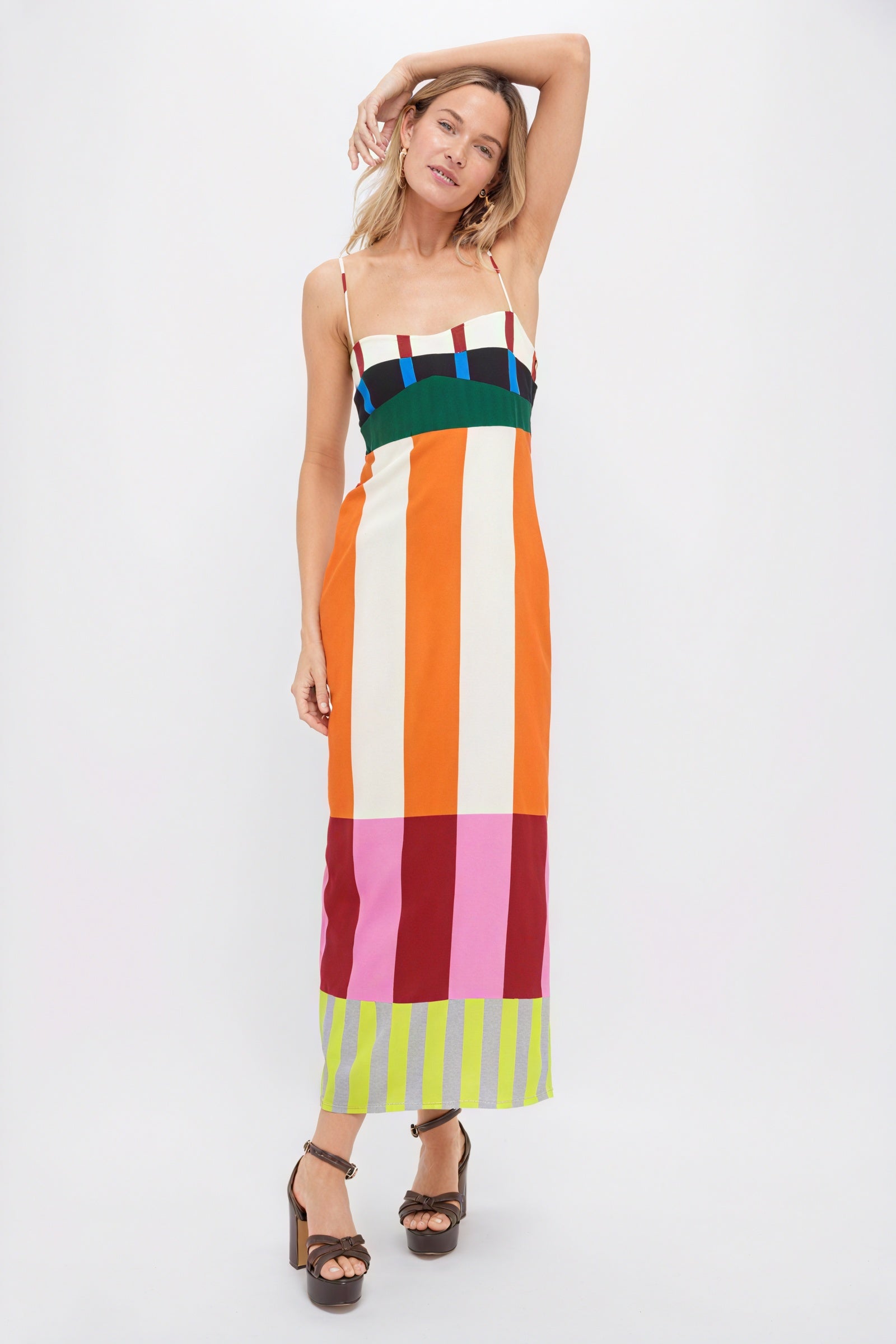 Striped Maxi Dress - Color-Blocked Bodice