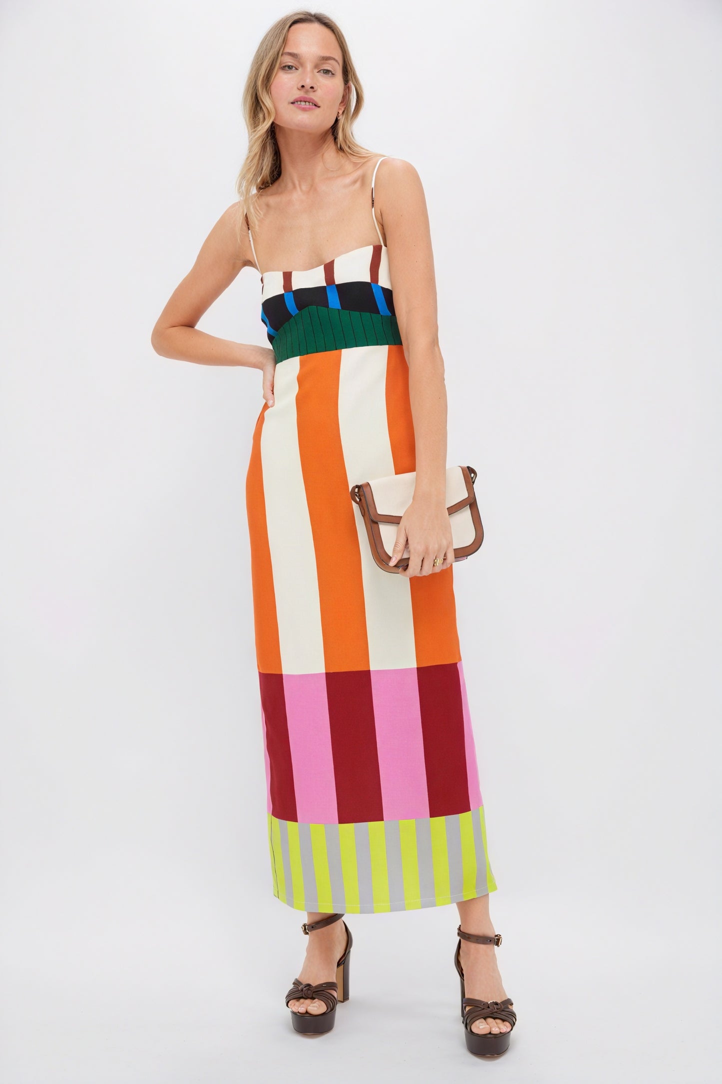 Striped Maxi Dress - Color-Blocked Bodice