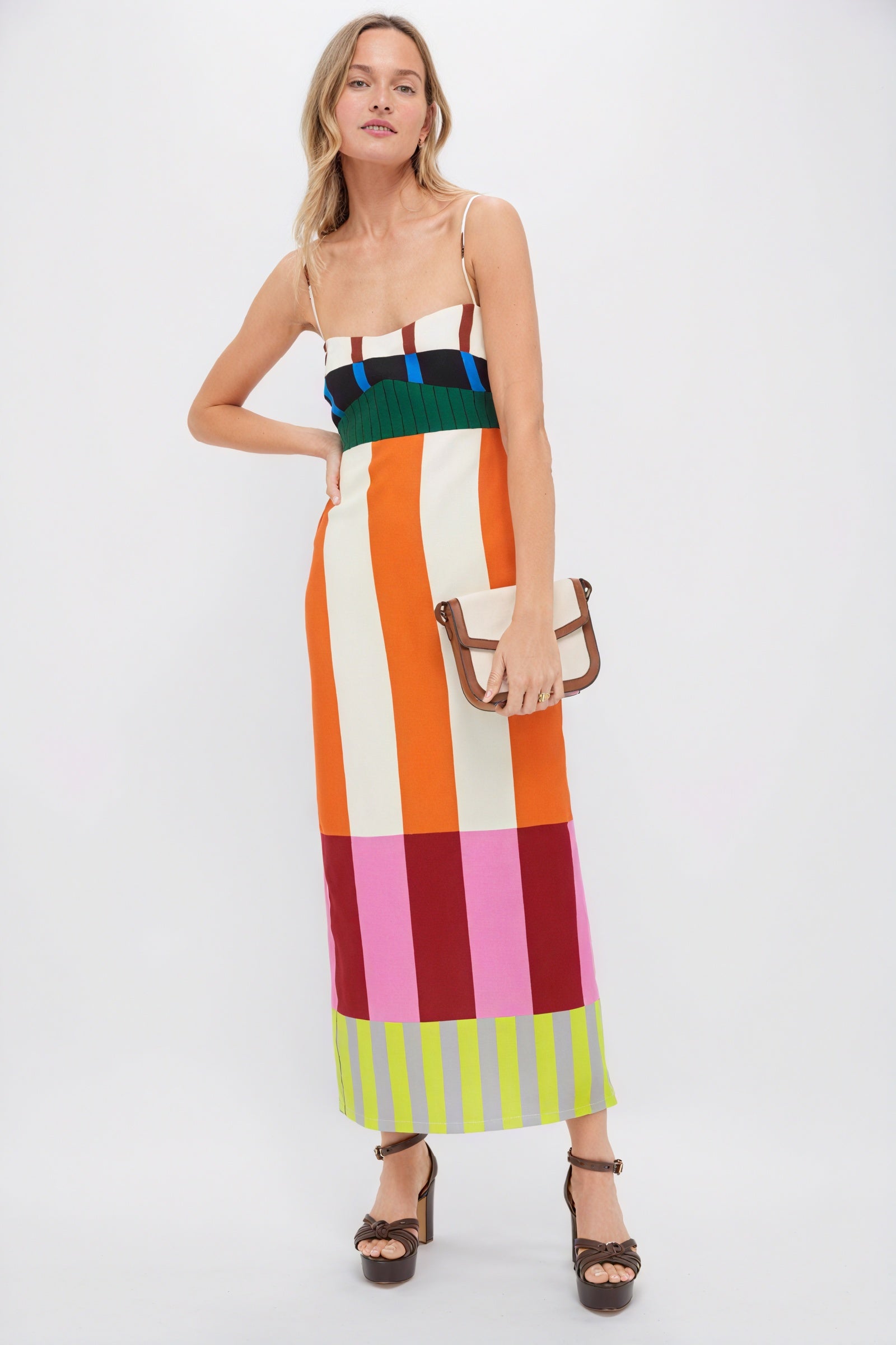 Striped Maxi Dress - Color-Blocked Bodice