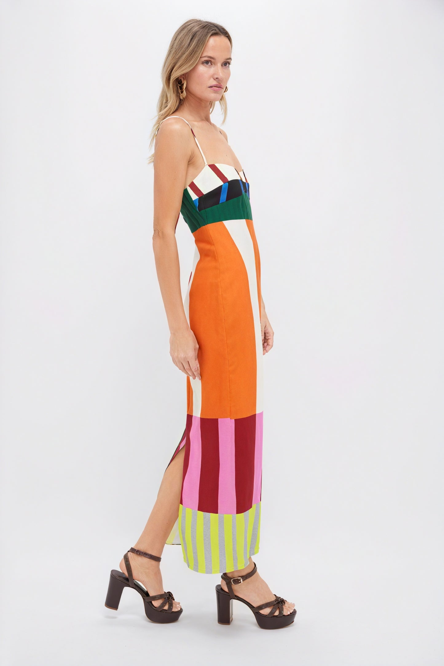 Striped Maxi Dress - Color-Blocked Bodice