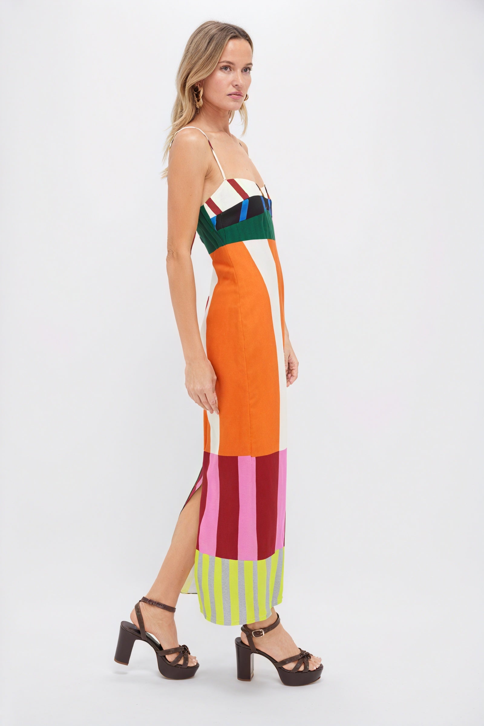 Striped Maxi Dress - Color-Blocked Bodice