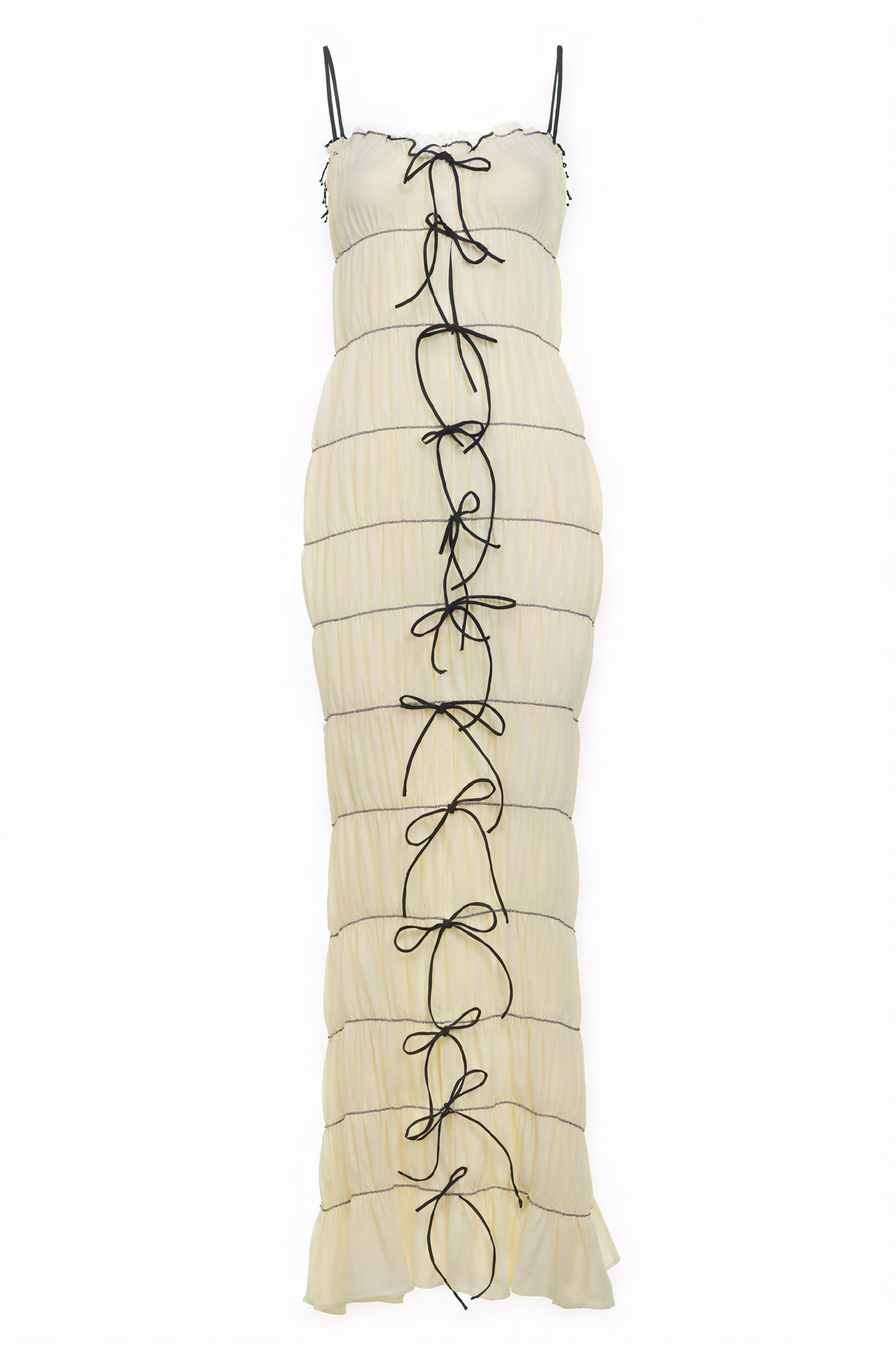 Tiered Ribbon Tie Maxi Dress - Black Trim