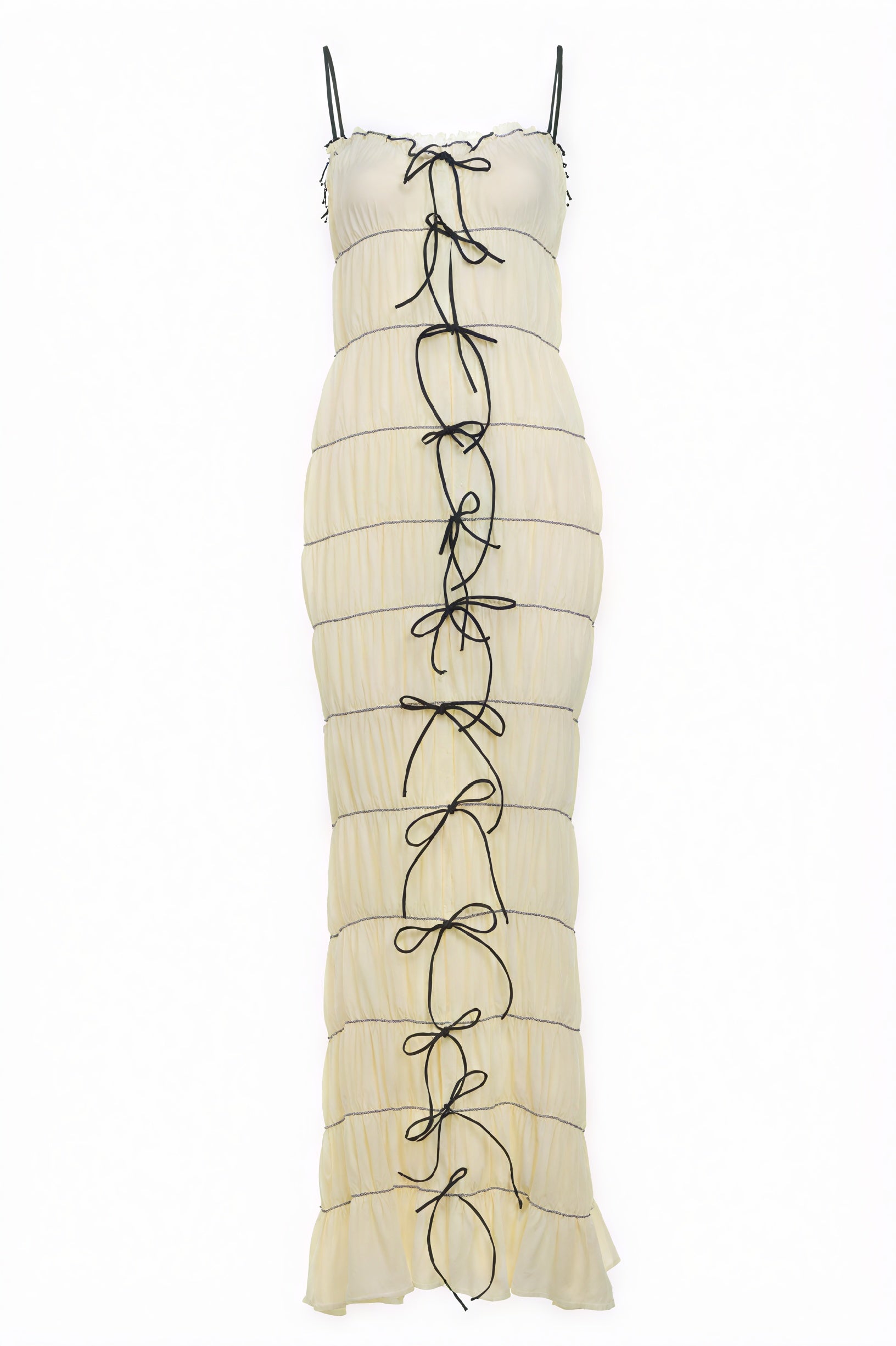 Tiered Ribbon Tie Maxi Dress - Black Trim