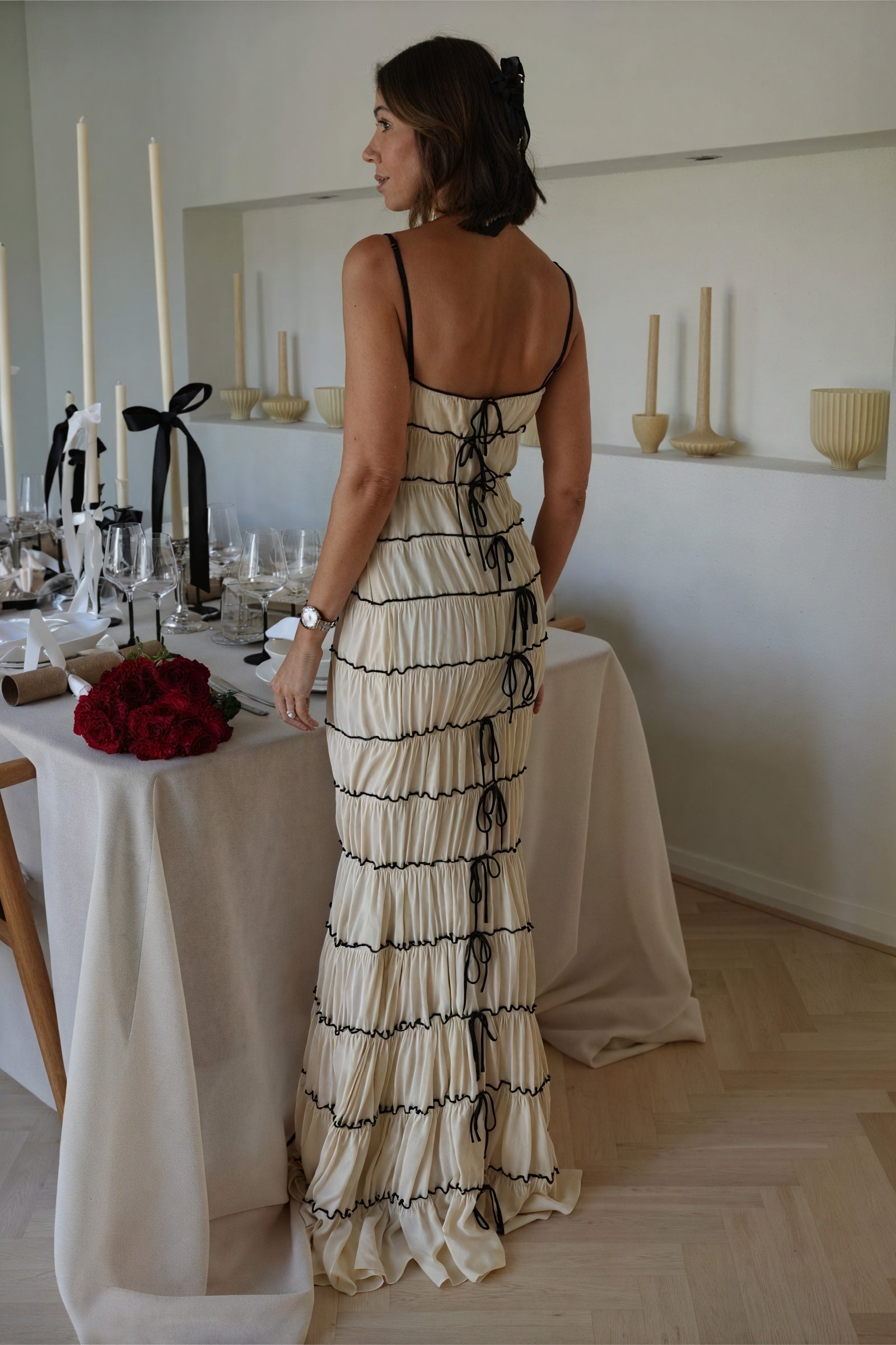 Tiered Ribbon Tie Maxi Dress - Black Trim