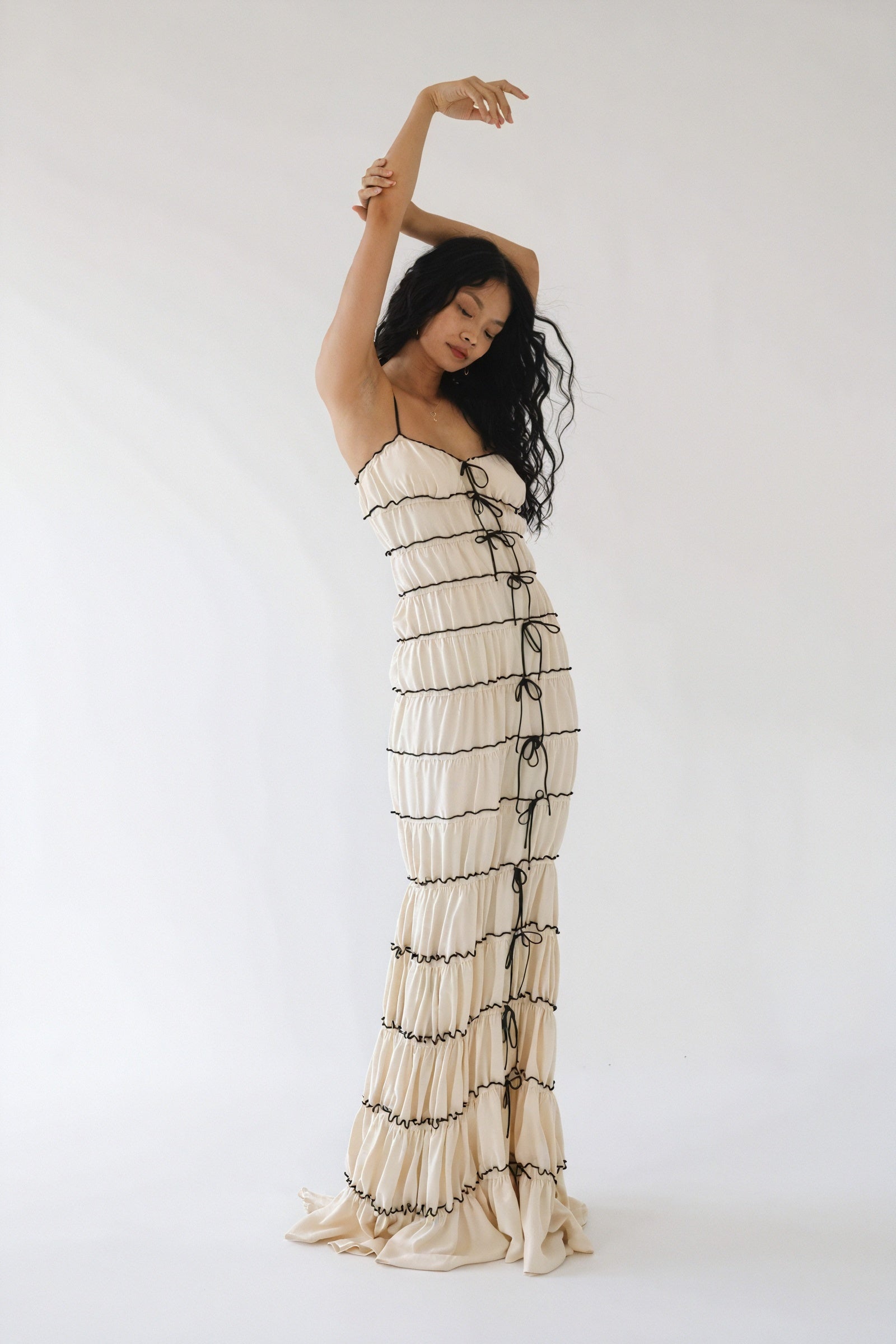 Tiered Ribbon Tie Maxi Dress - Black Trim