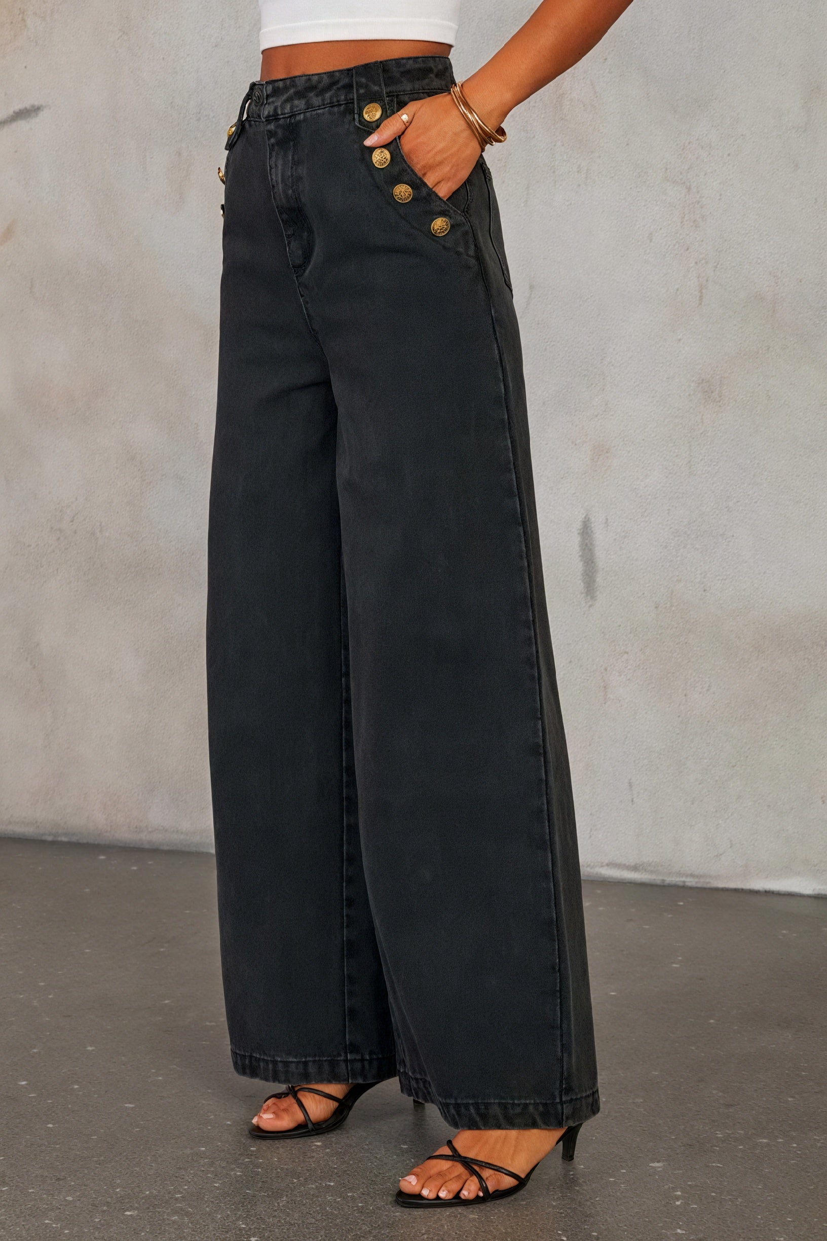 Denim Vest & Wide-Leg Pant Set - Gold Buttons