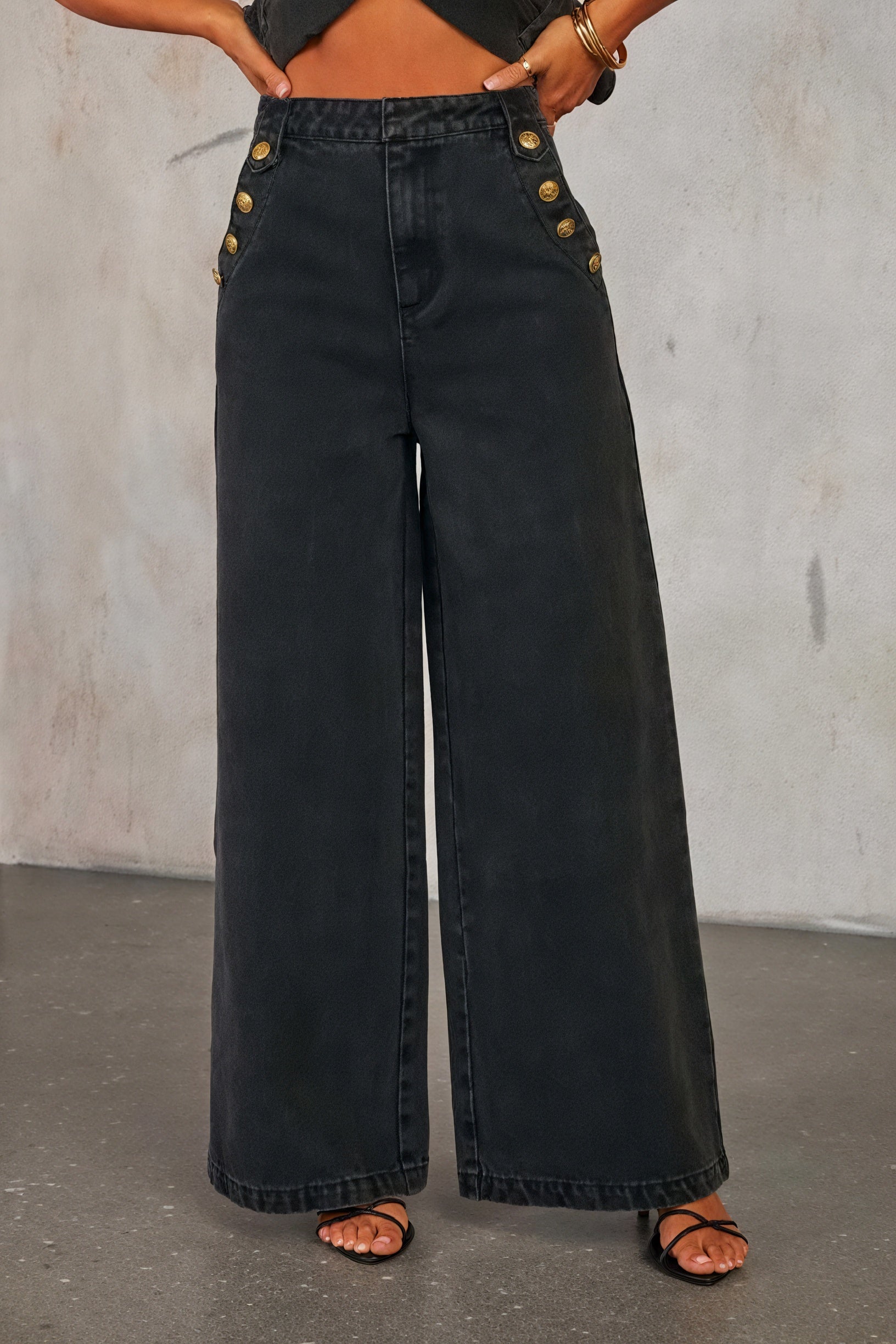 Denim Vest & Wide-Leg Pant Set - Gold Buttons
