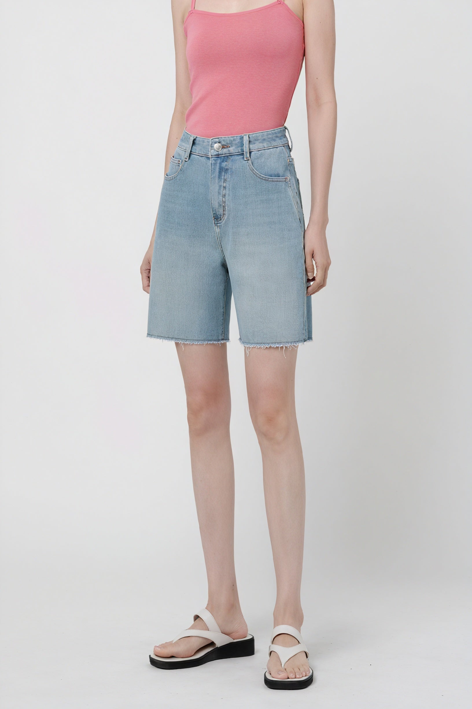 Relaxed Fit Denim Shorts - Raw Hem, Light Wash