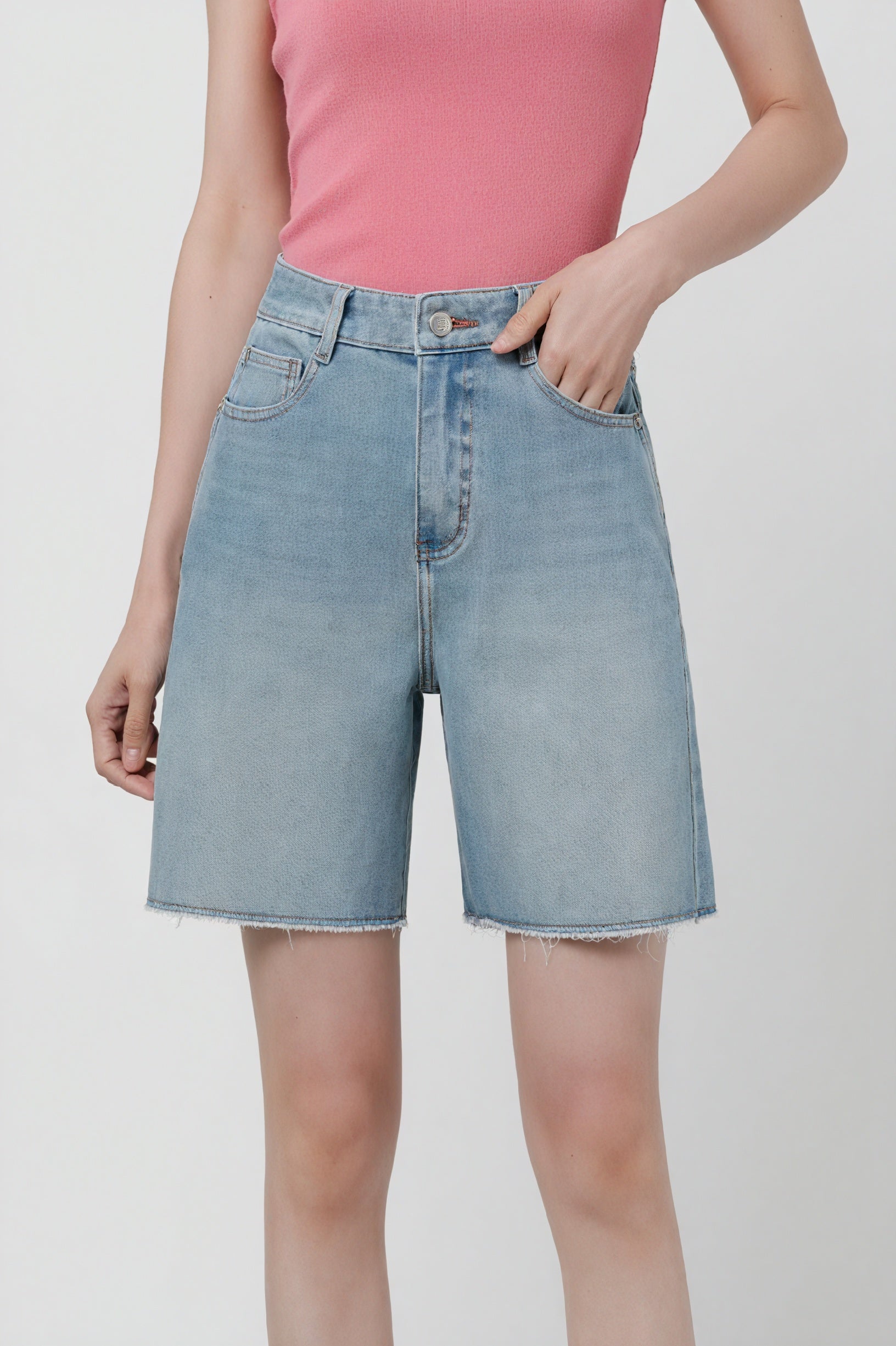 Relaxed Fit Denim Shorts - Raw Hem, Light Wash