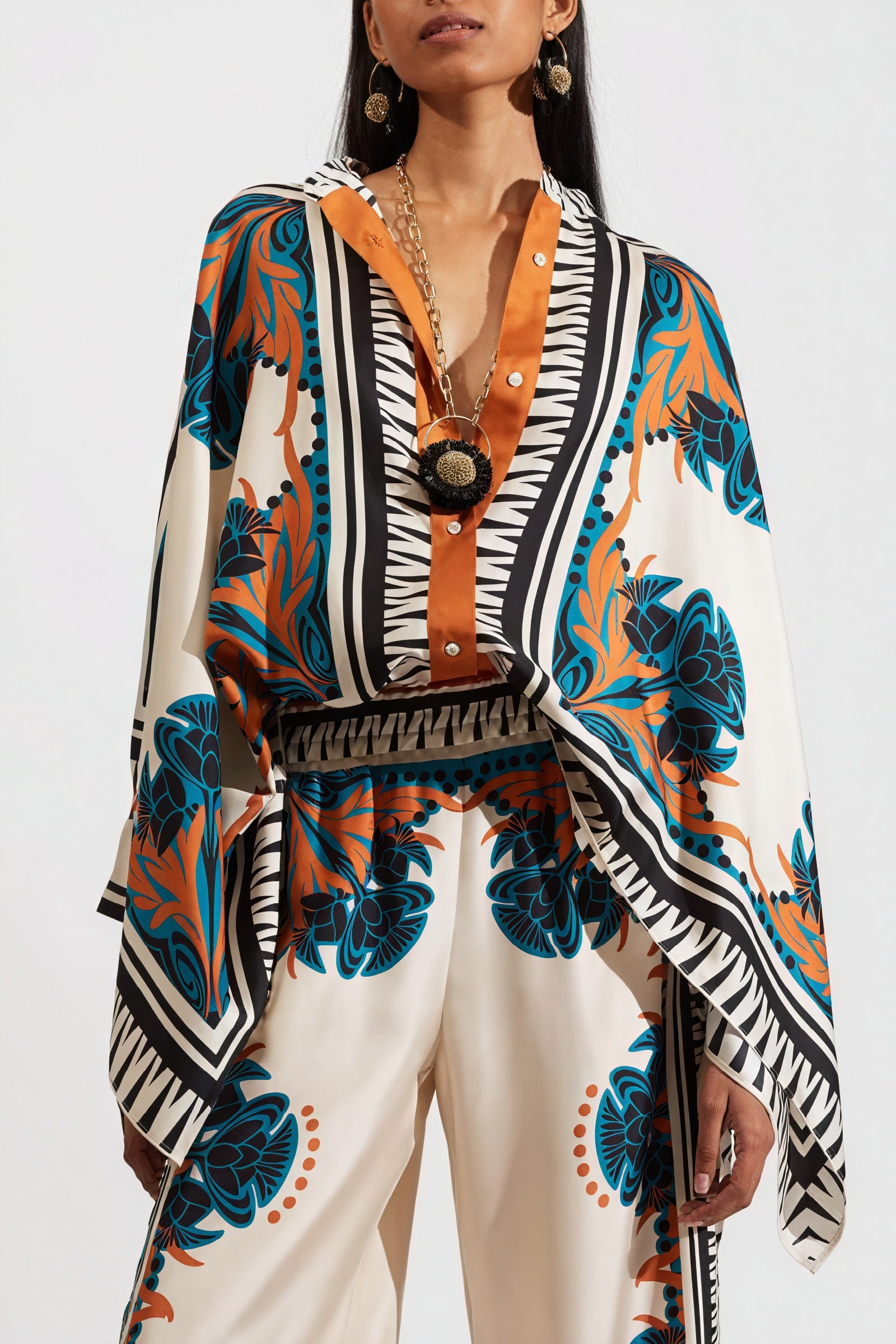 Floral Kimono Suit with Wide-Leg Trousers