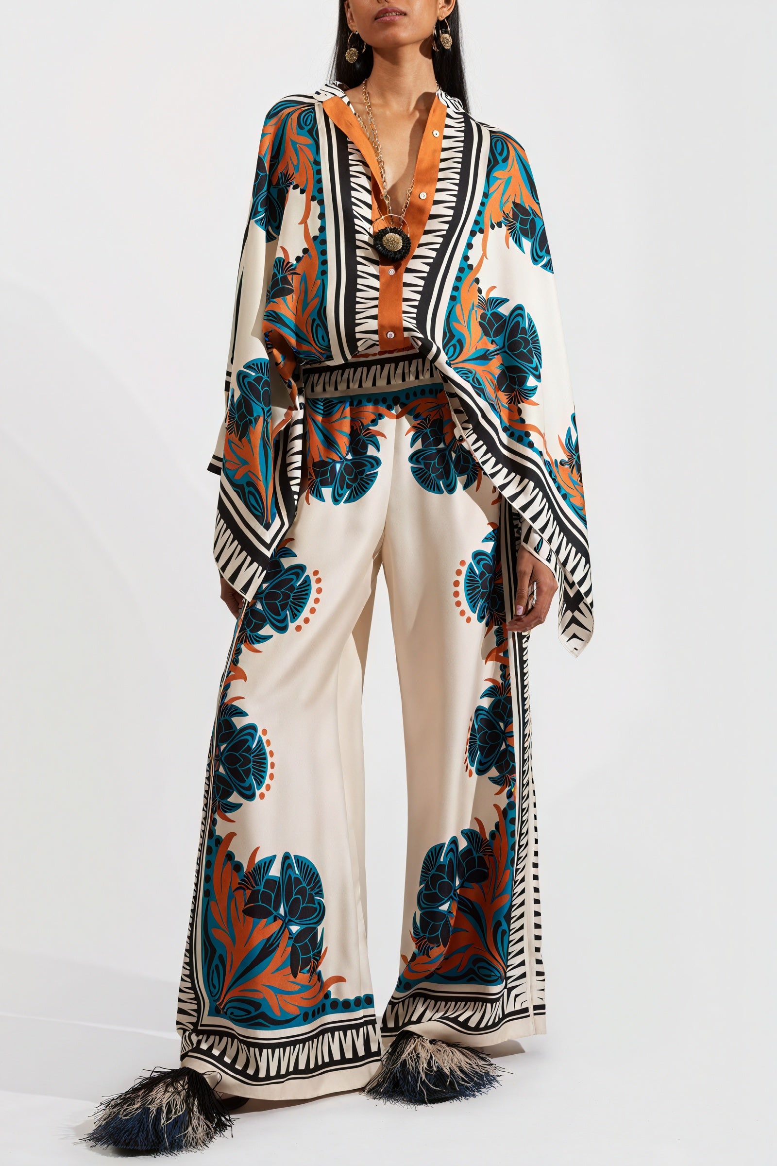 Floral Kimono Suit with Wide-Leg Trousers