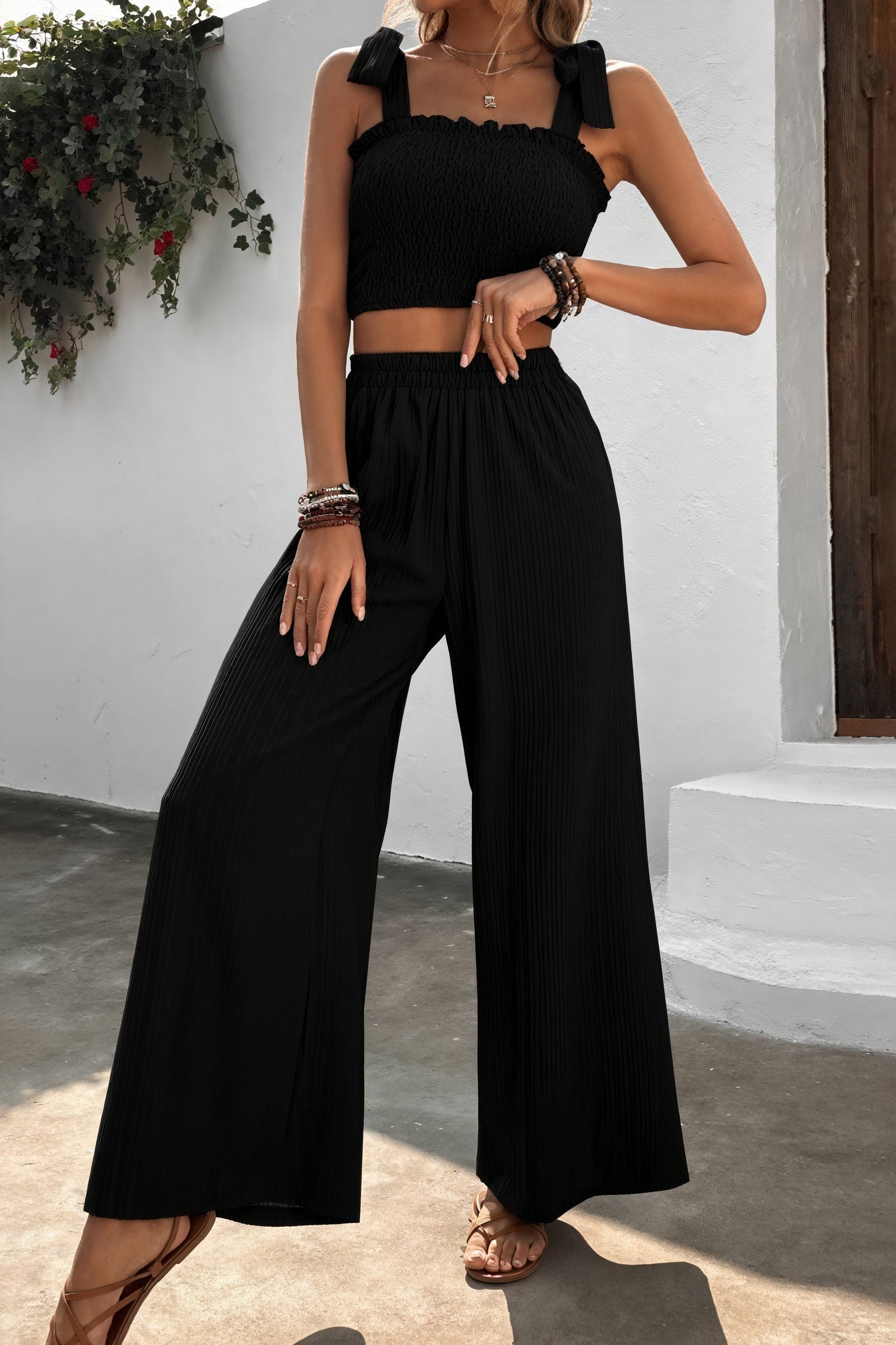 Smocked Top & Wide-Leg Pants Two-Piece Set