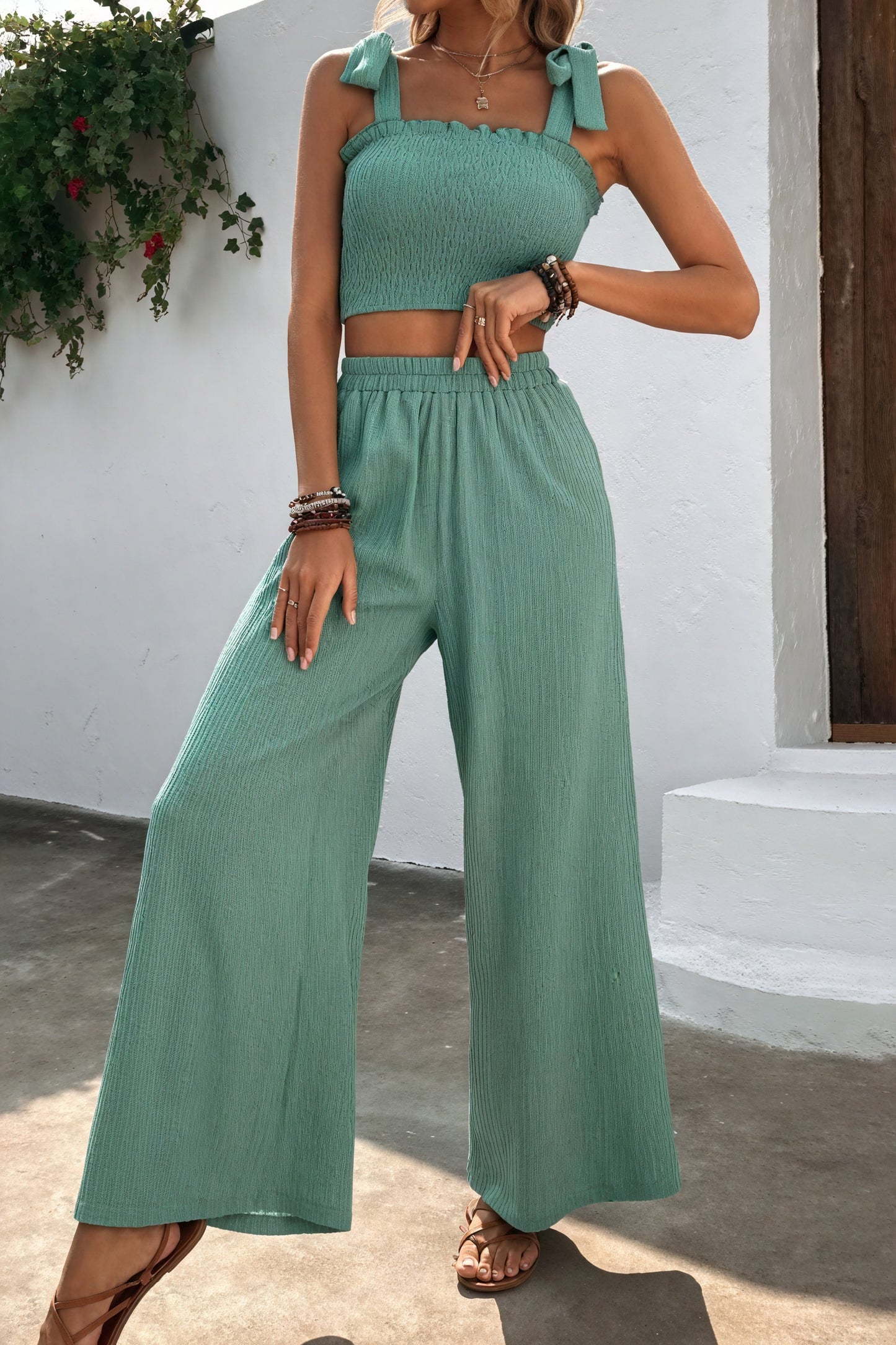 Smocked Top & Wide-Leg Pants Two-Piece Set