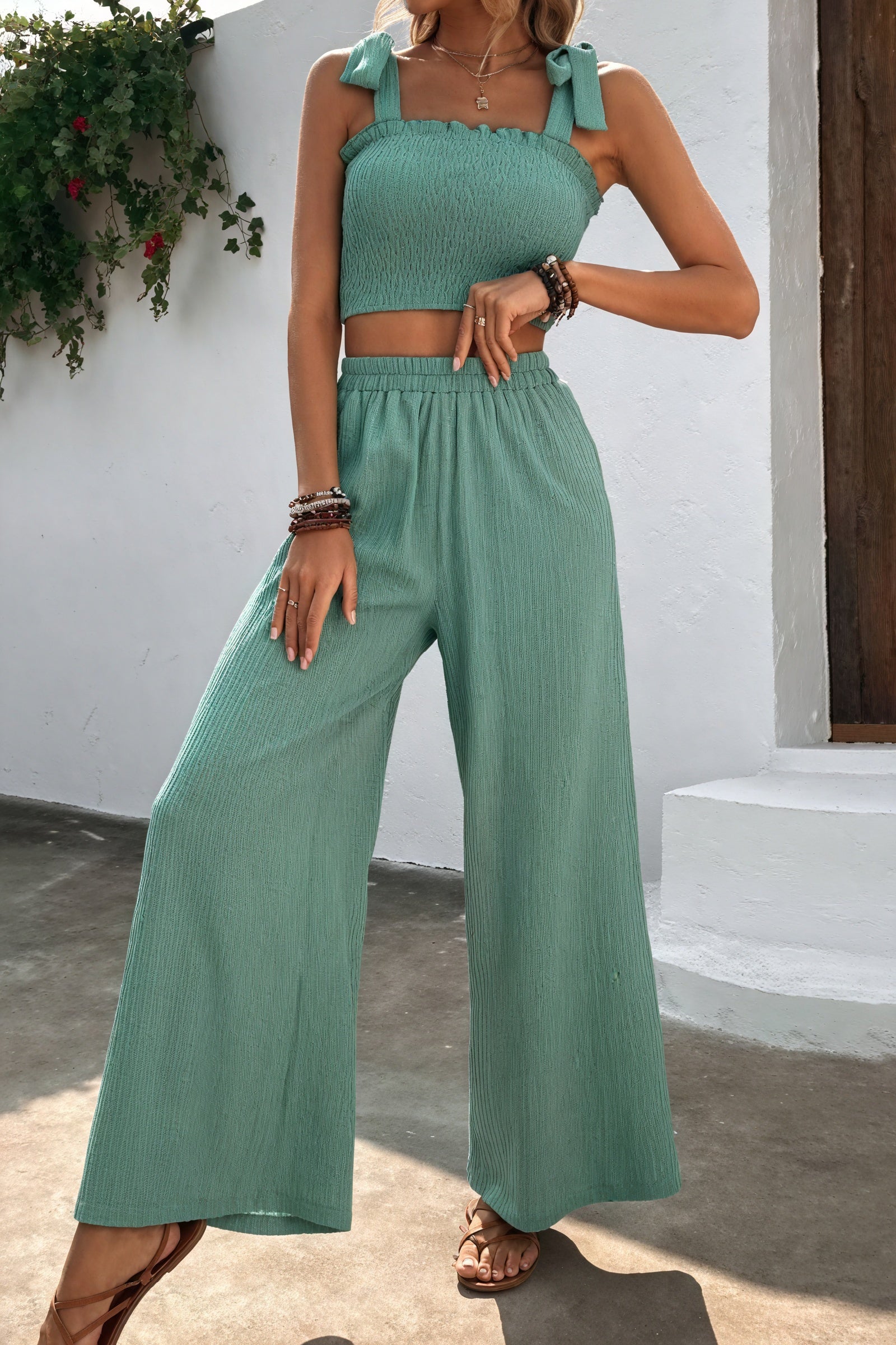 Smocked Top & Wide-Leg Pants Two-Piece Set