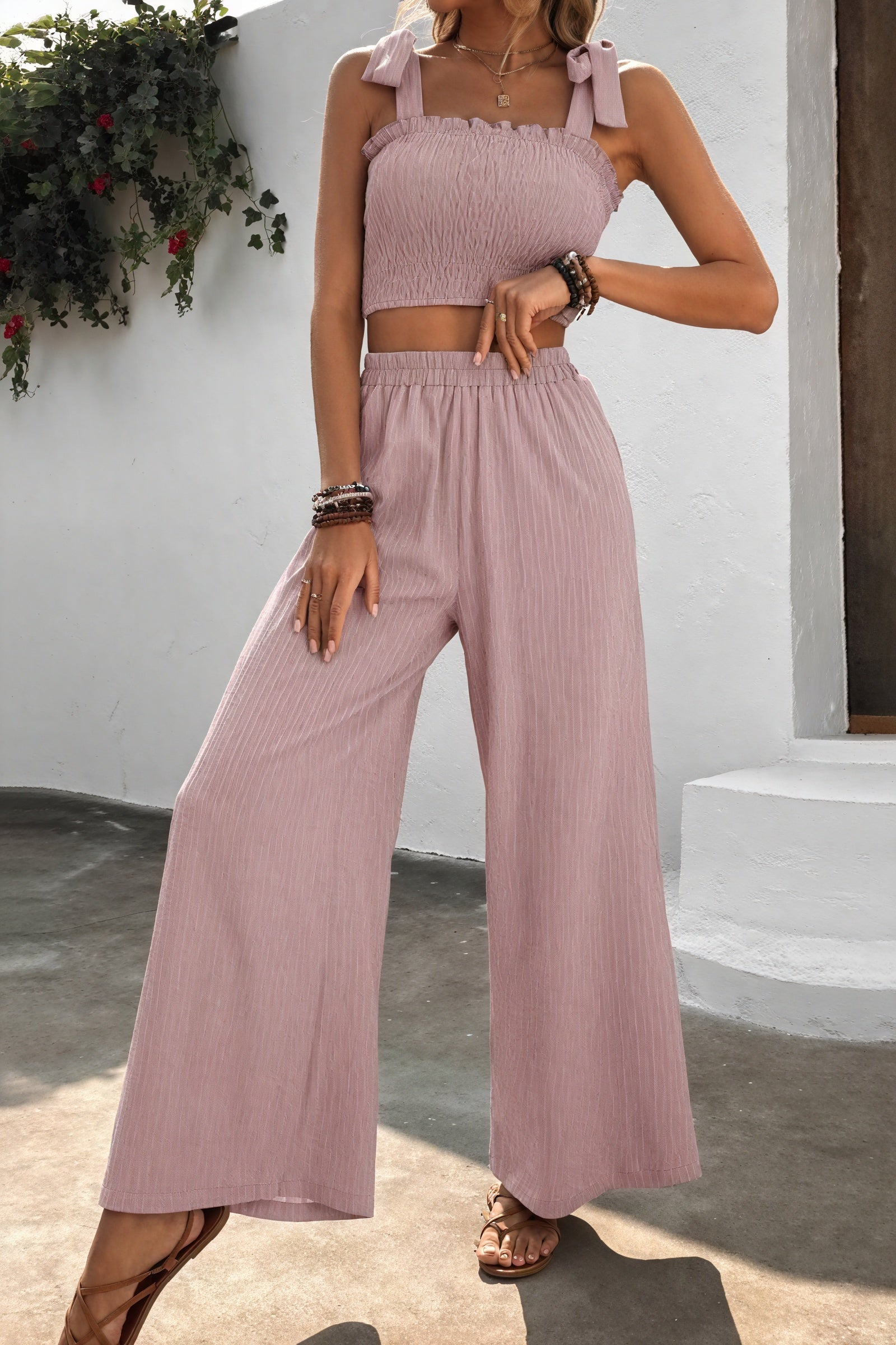 Smocked Top & Wide-Leg Pants Two-Piece Set