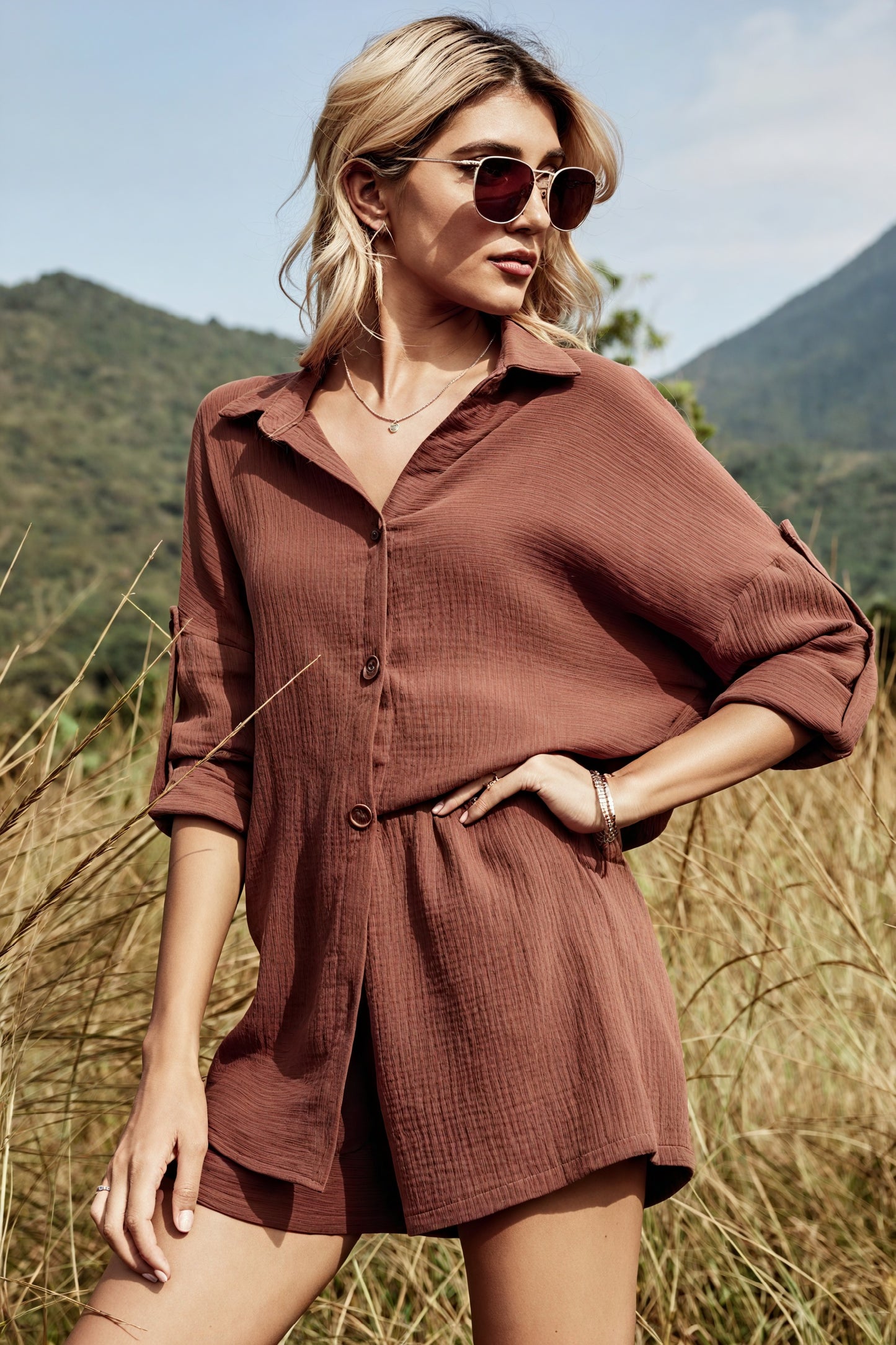 Button-Down Two-Piece Set - Textured Fabric