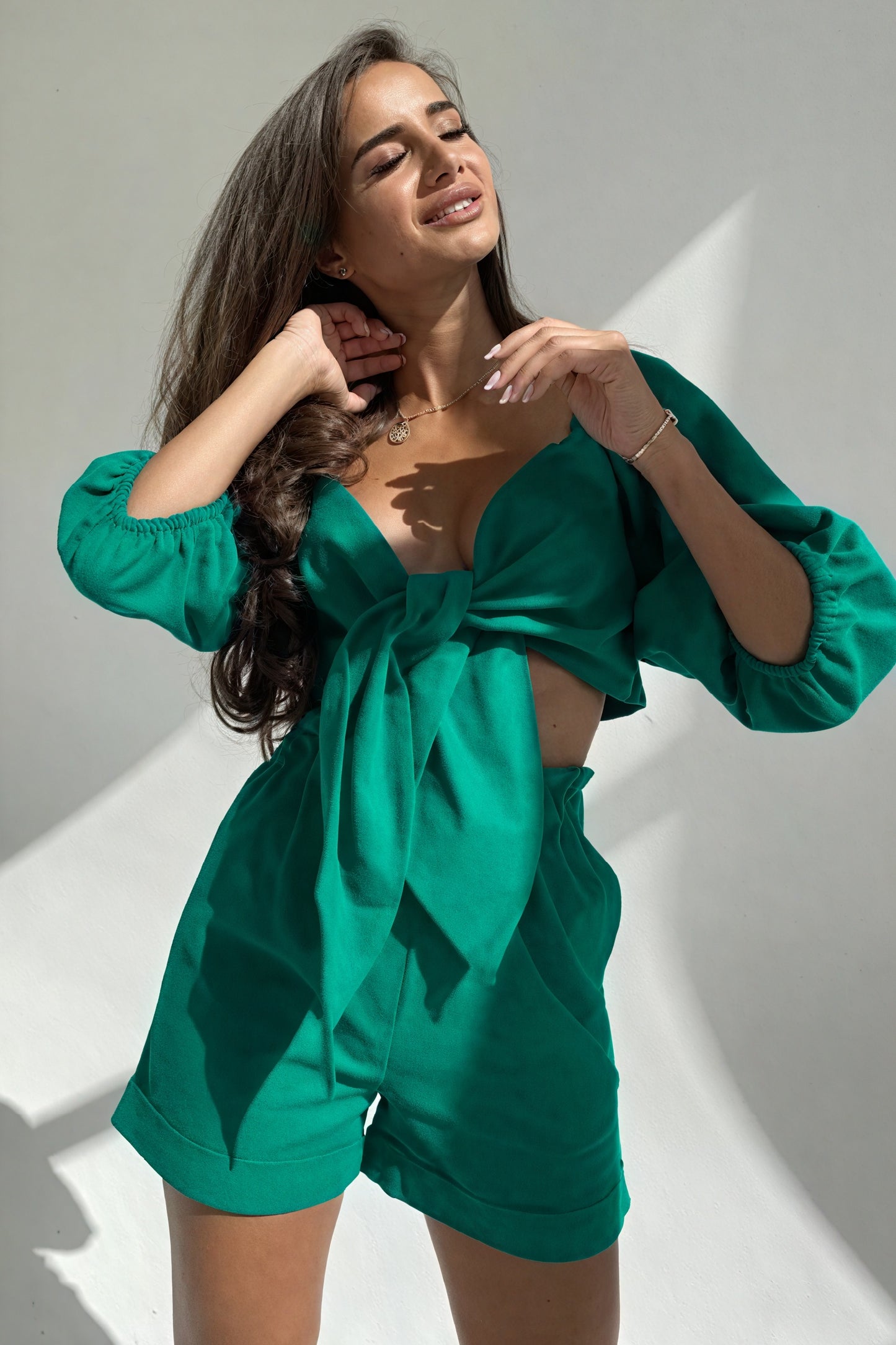 Tie-Front Top & High-Waisted Shorts Set