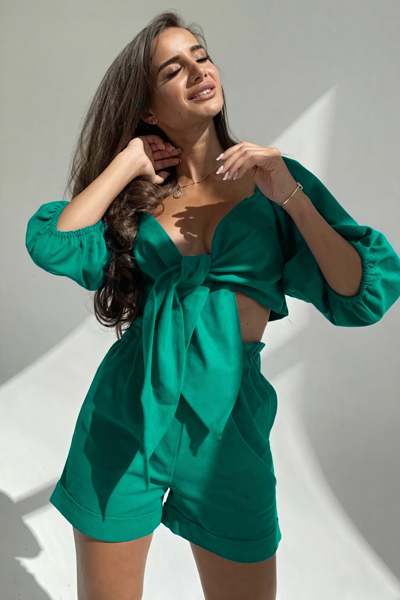 Tie-Front Top & High-Waisted Shorts Set