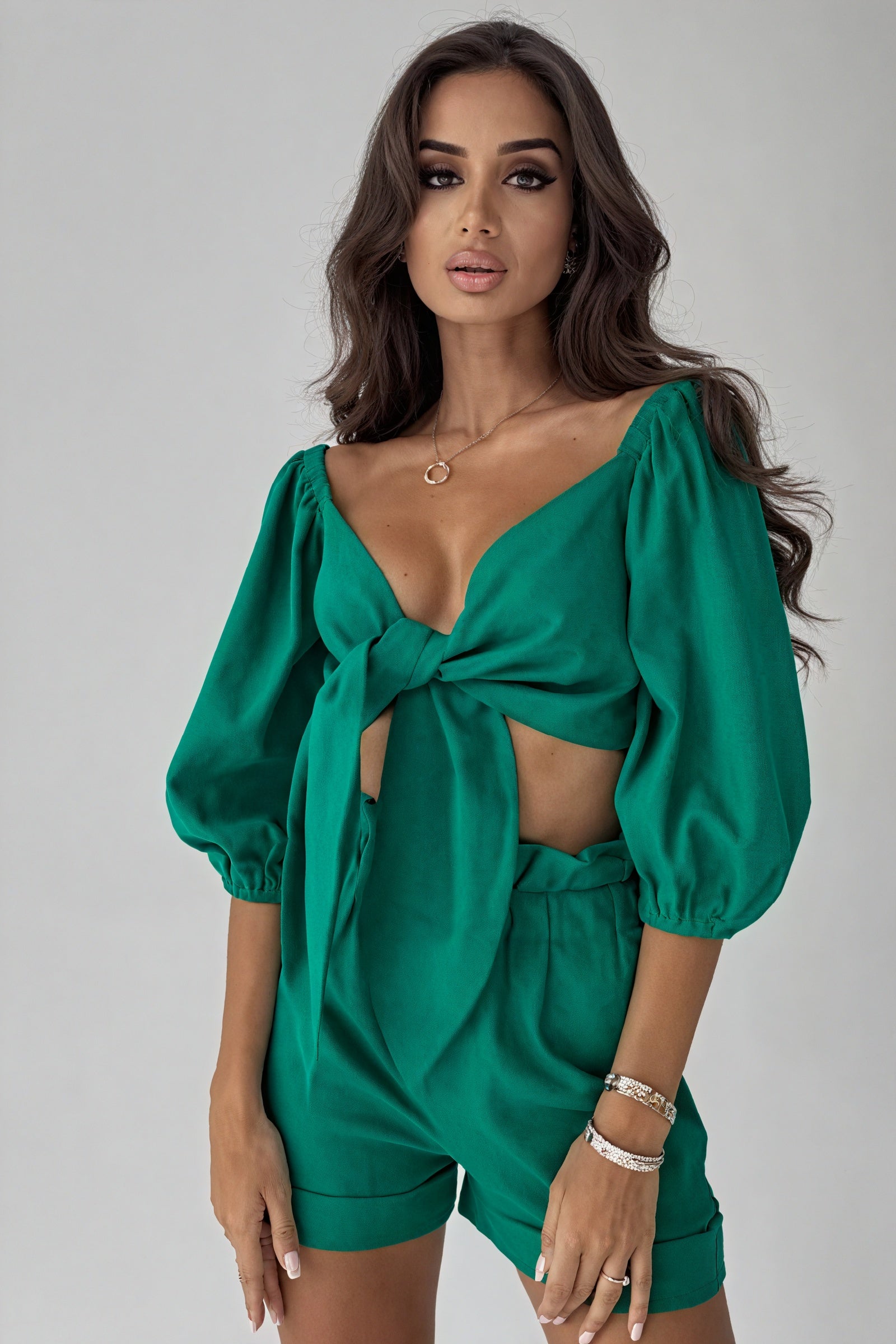 Tie-Front Top & High-Waisted Shorts Set