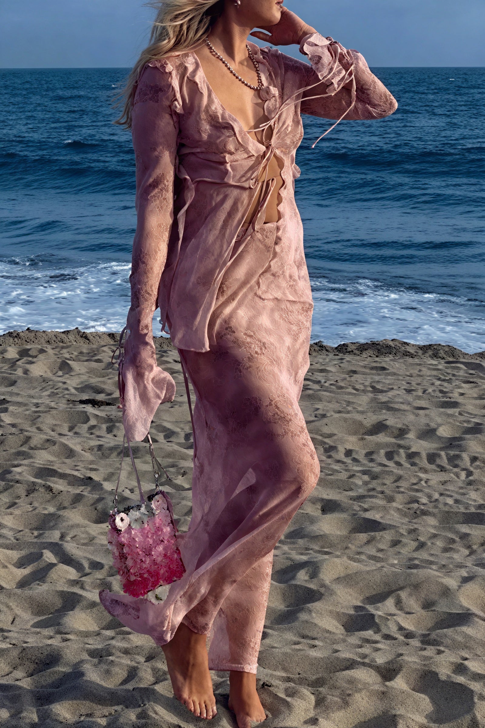 Striped Maxi Dress with V-Neck Tie