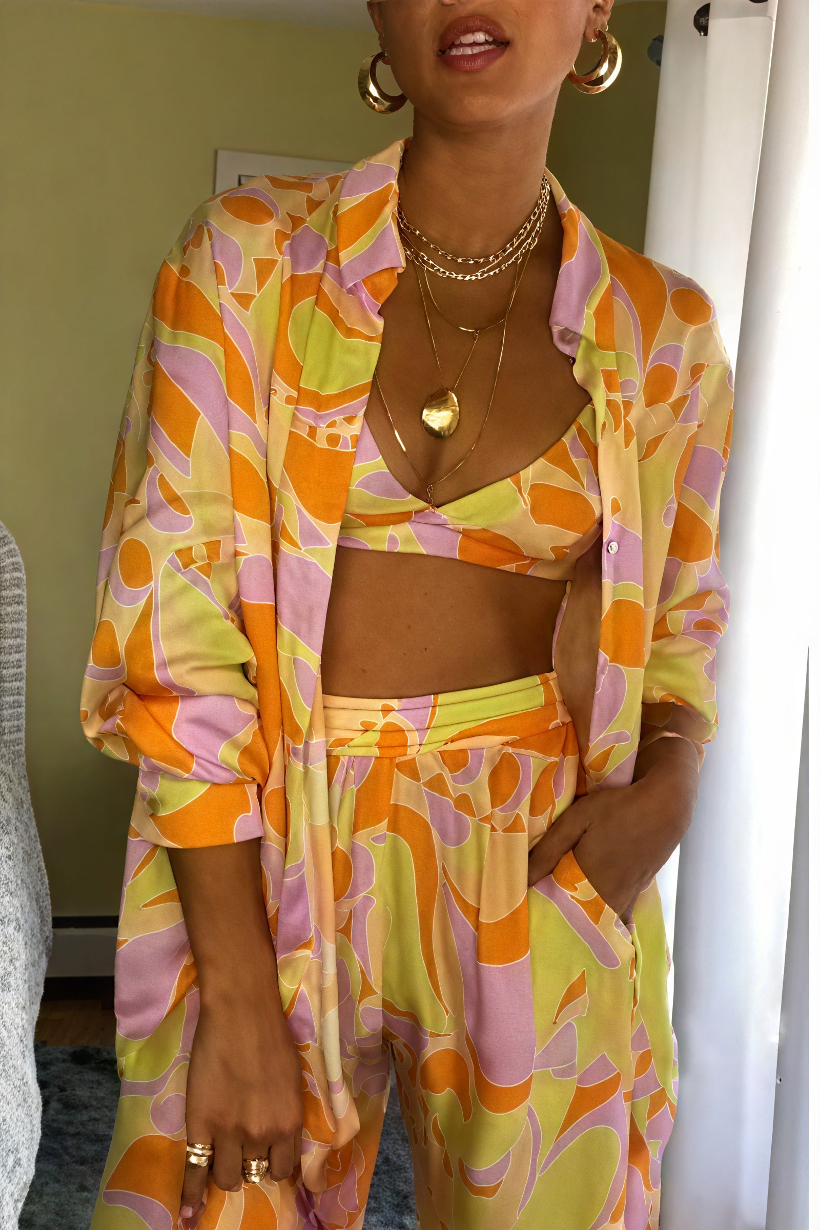 Geometric Print Silky Set - Bra & Wide Leg