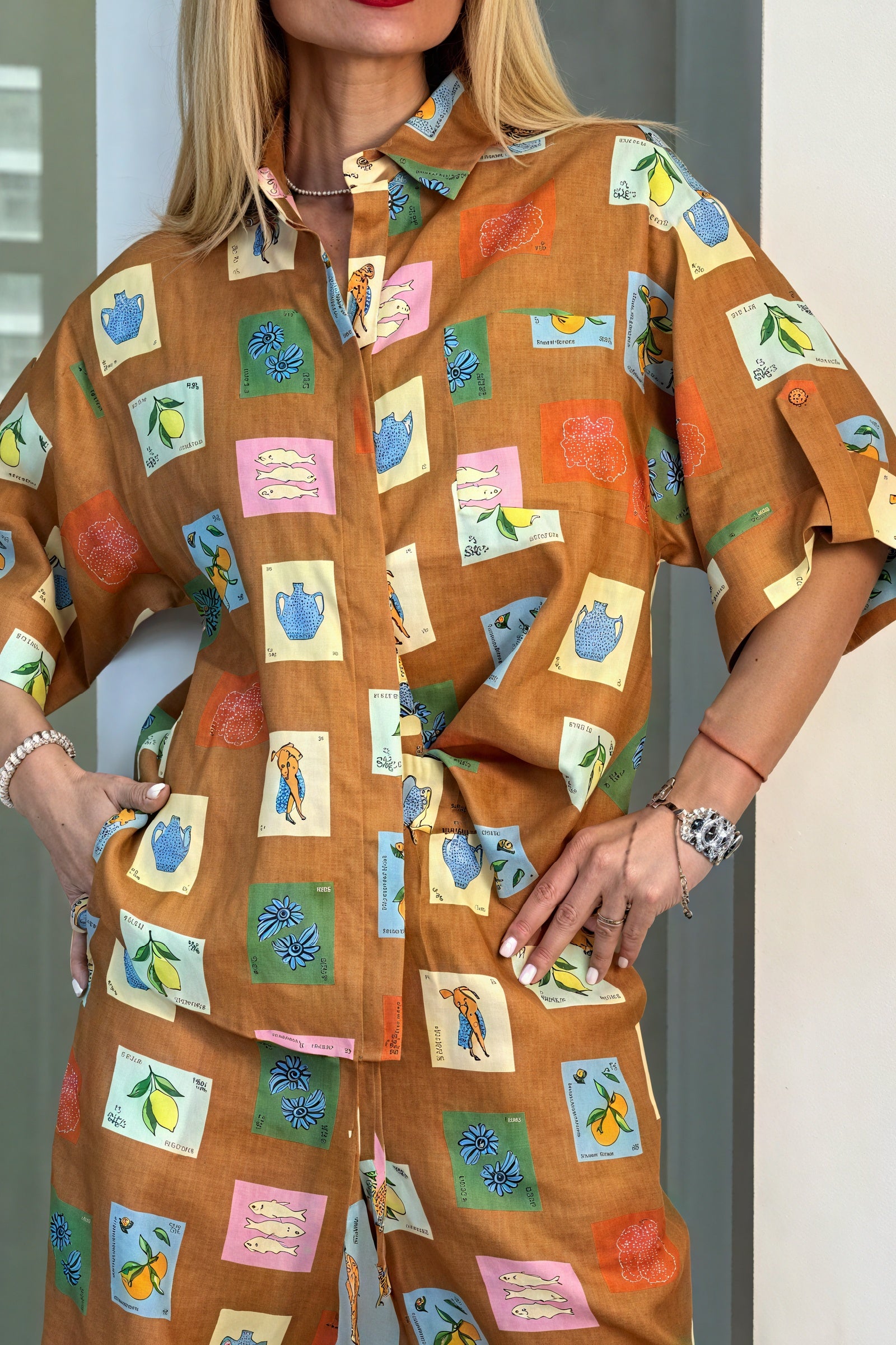 Printed Linen Set - Wide Leg Pants & Shirt