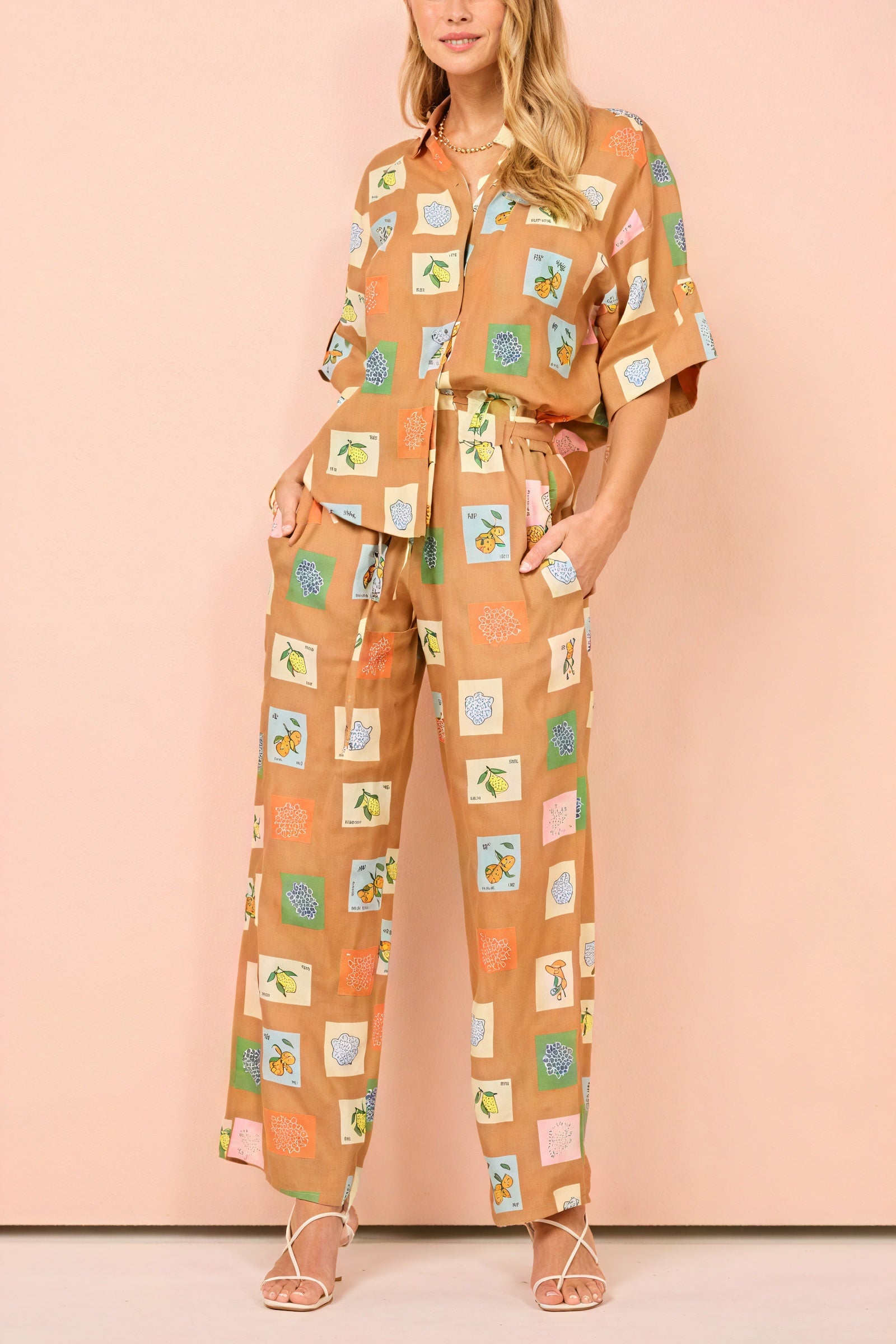 Printed Linen Set - Wide Leg Pants & Shirt