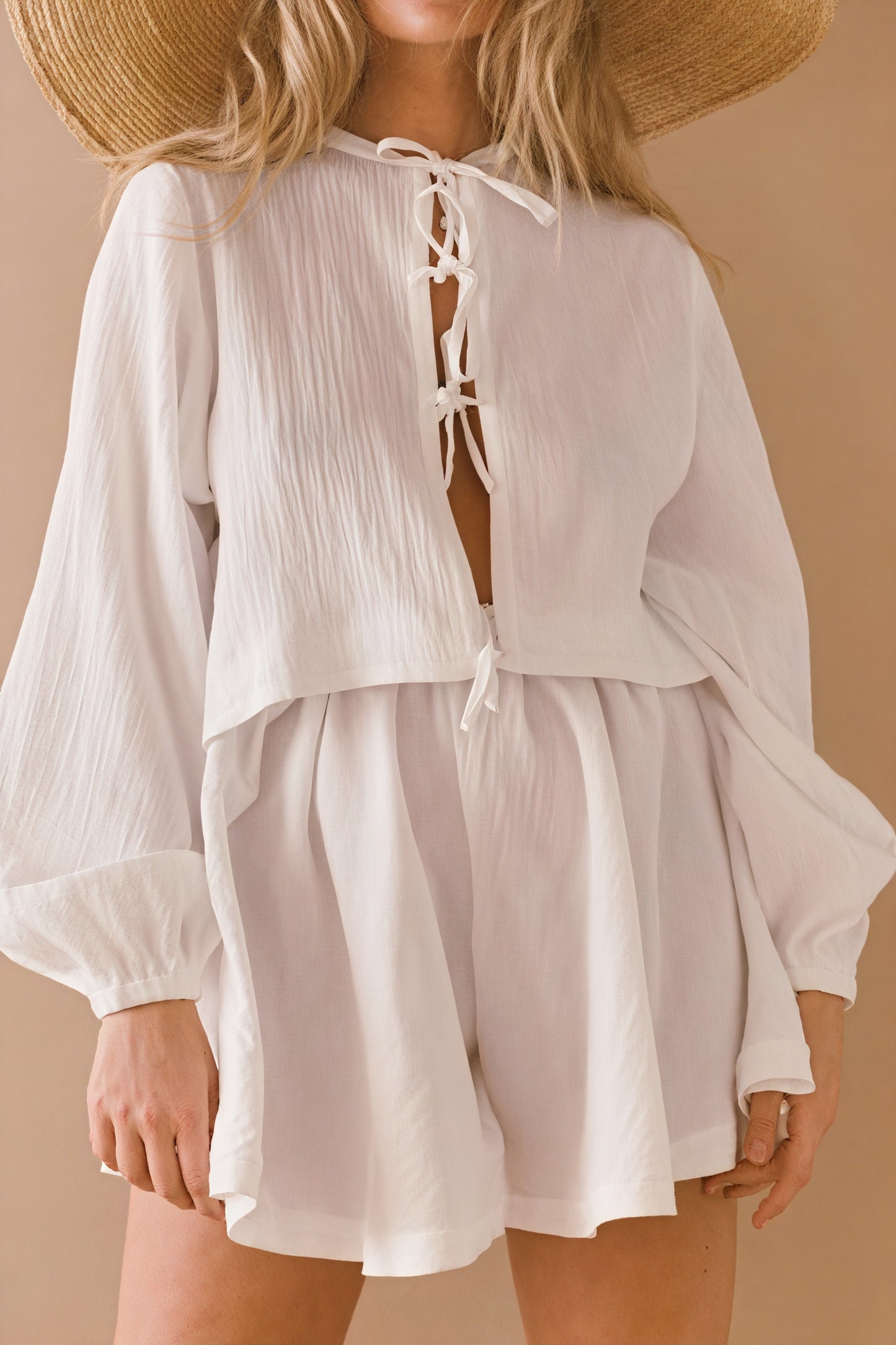 Tie-Up Blouse & High-Waisted Shorts Set