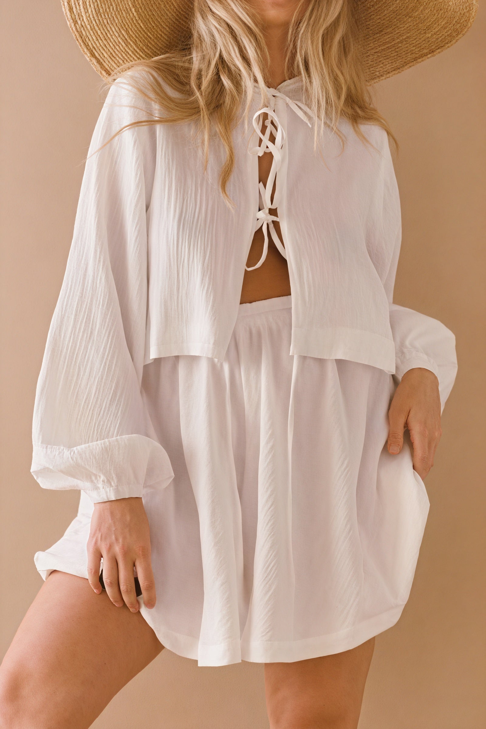 Tie-Up Blouse & High-Waisted Shorts Set