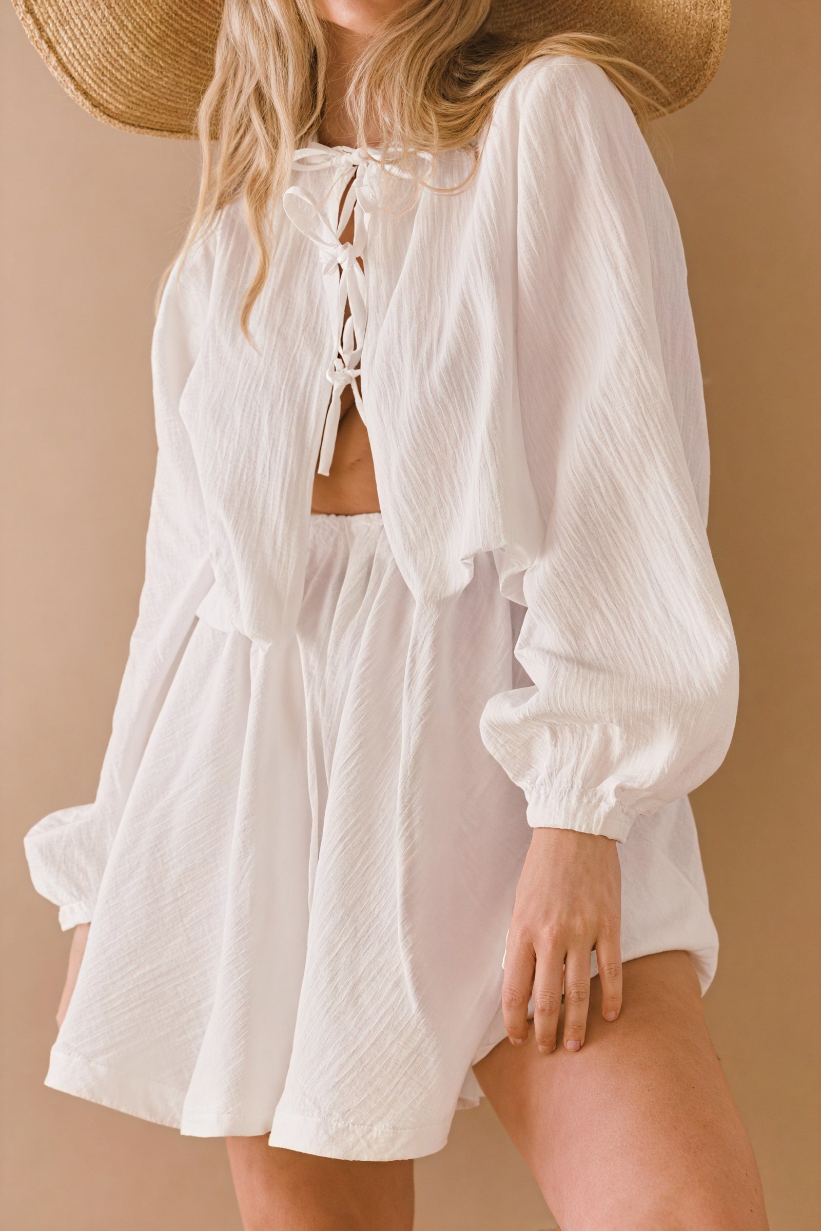 Tie-Up Blouse & High-Waisted Shorts Set