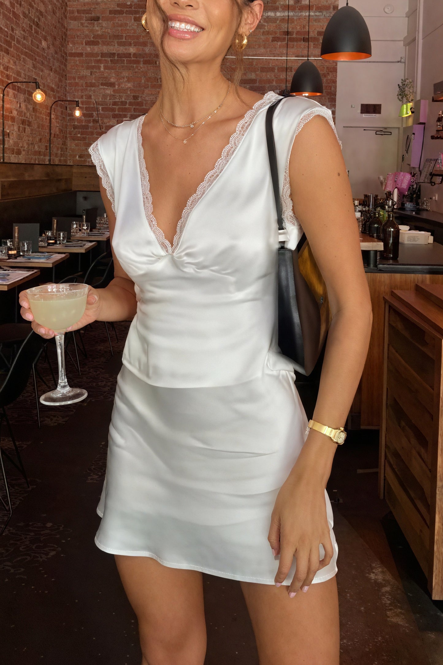 Lace Trim Satin V-Neck Mini Dress