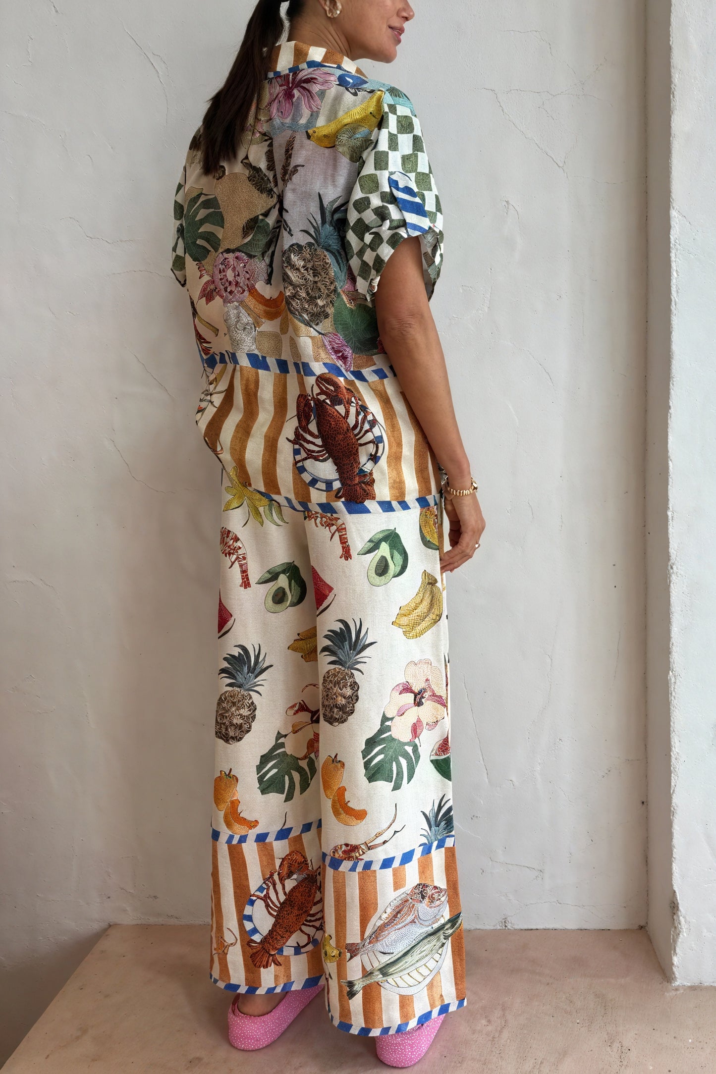 Tropical Fruit Print Linen Two-Piece Outfit