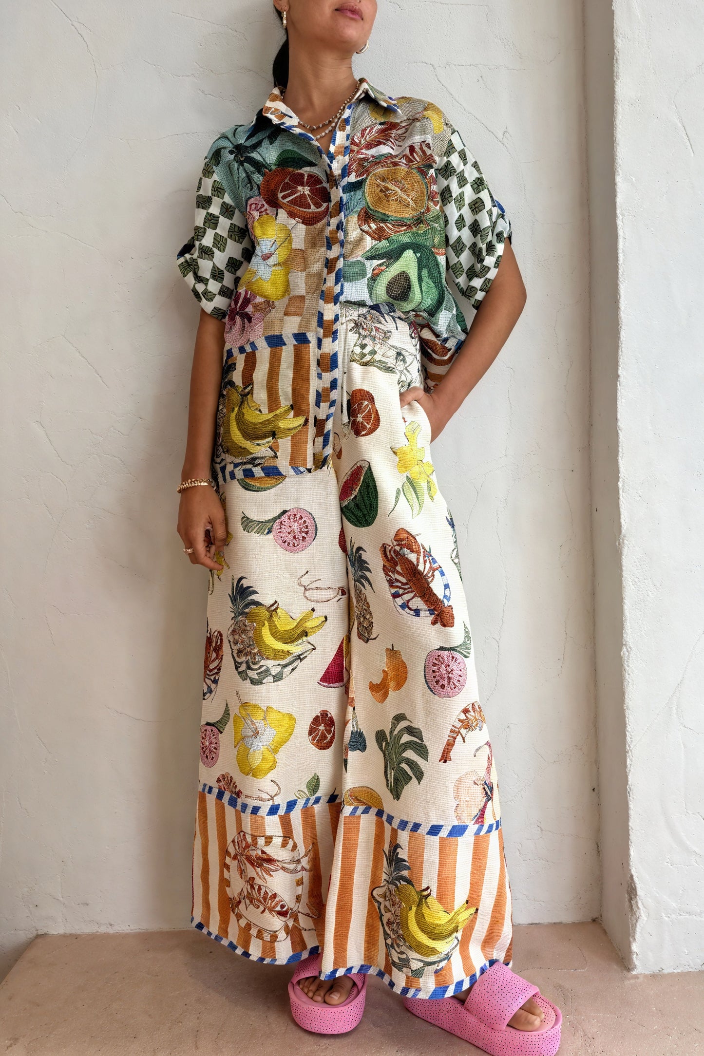 Tropical Fruit Print Linen Two-Piece Outfit