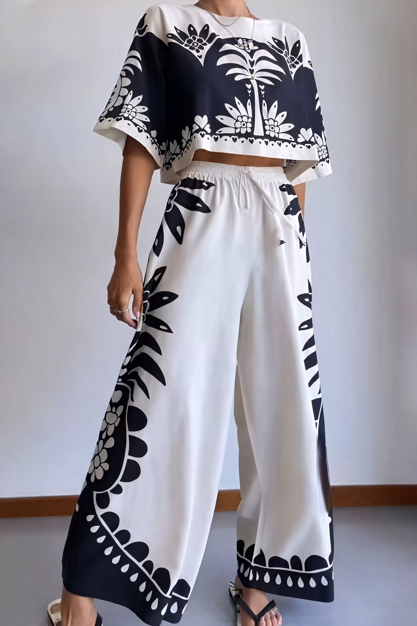 Floral Two-Piece Set - Cropped Top, Wide Leg