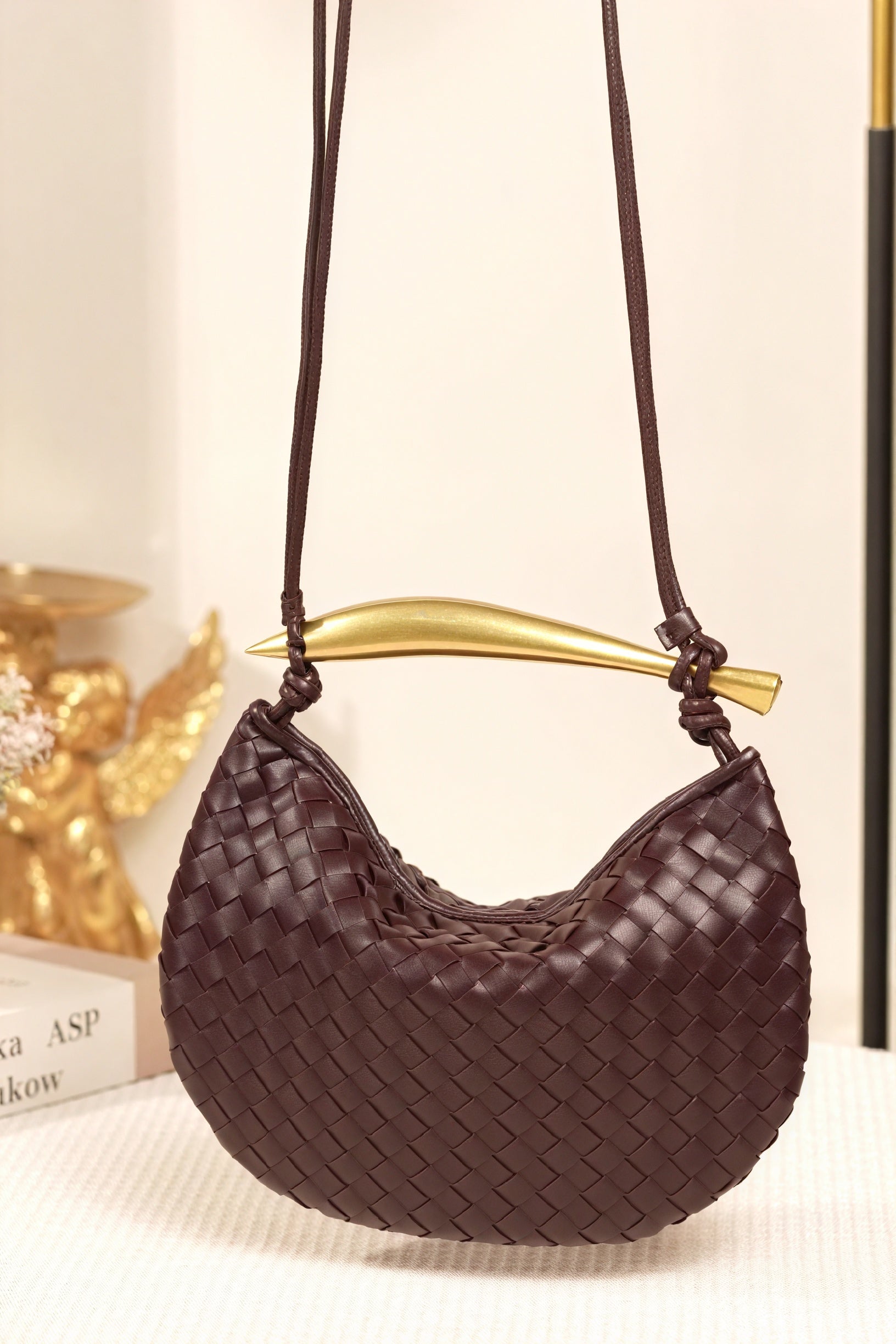 Woven Crescent Handbag - Metal Handle
