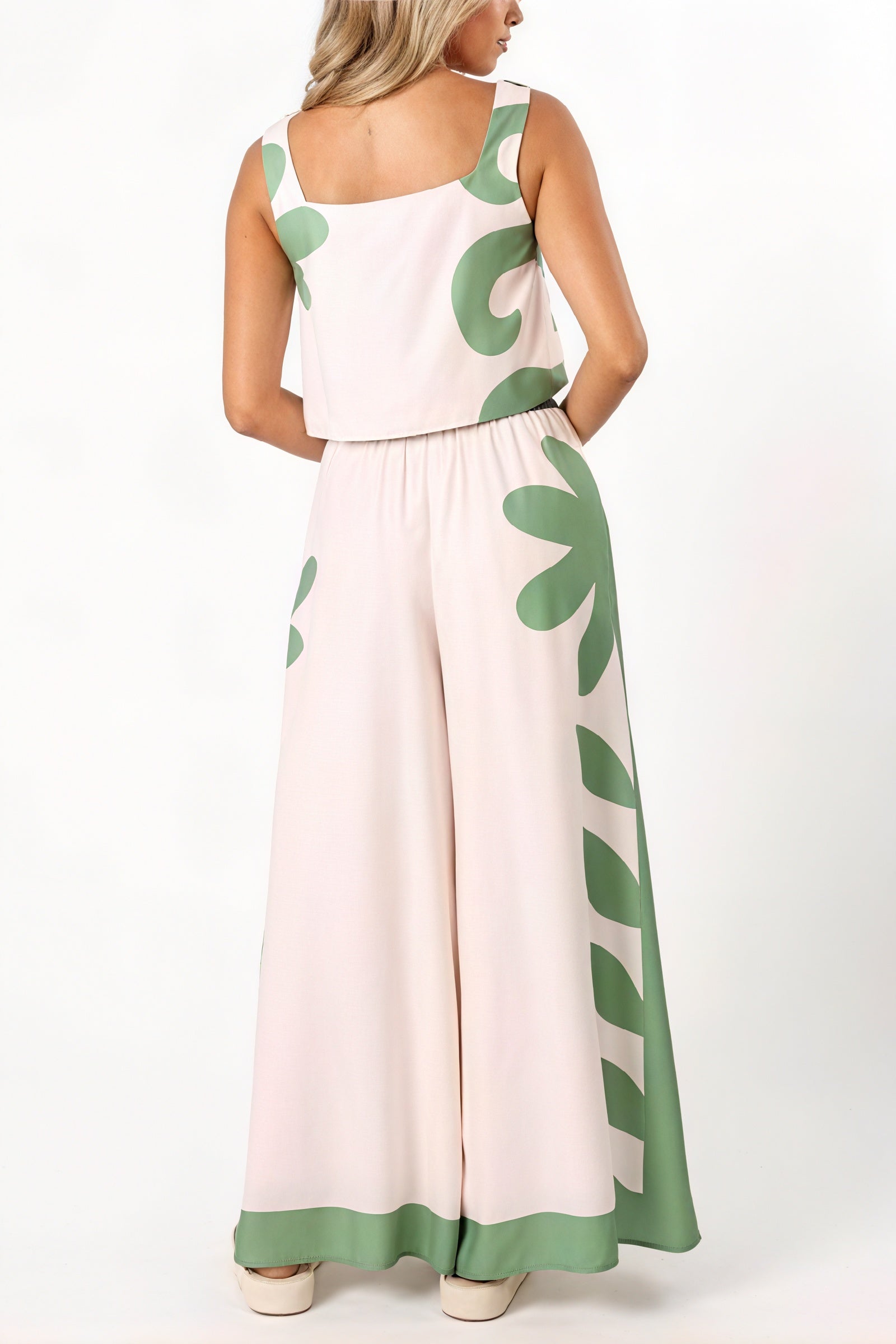 Abstract Floral Wide-Leg Two-Piece Set