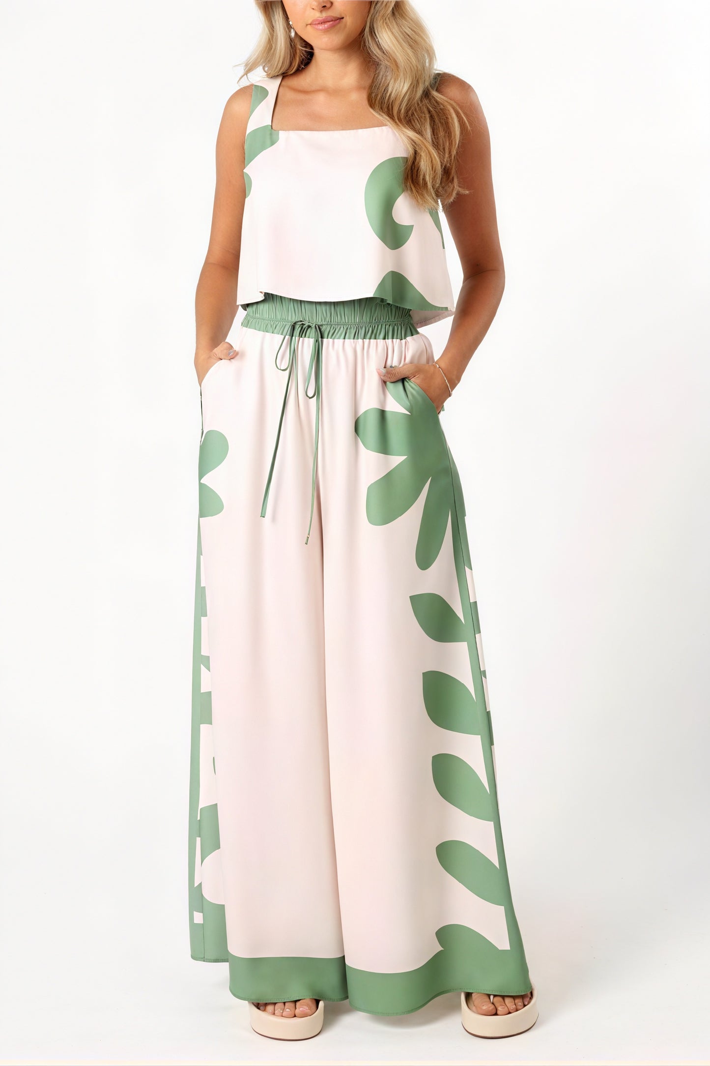 Abstract Floral Wide-Leg Two-Piece Set