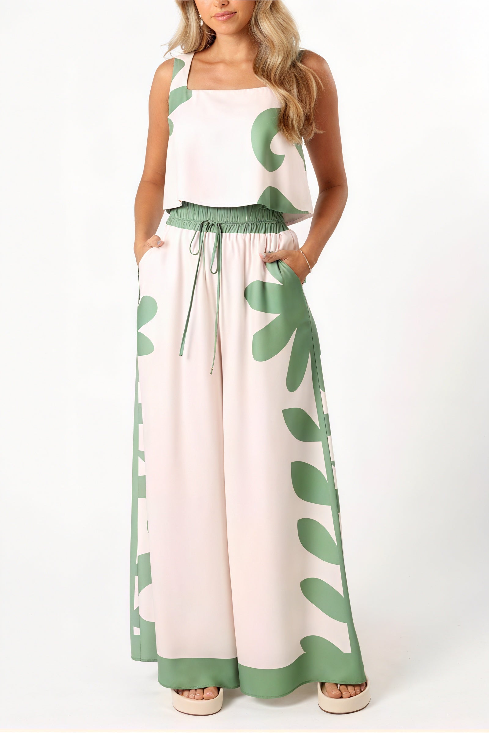 Abstract Floral Wide-Leg Two-Piece Set
