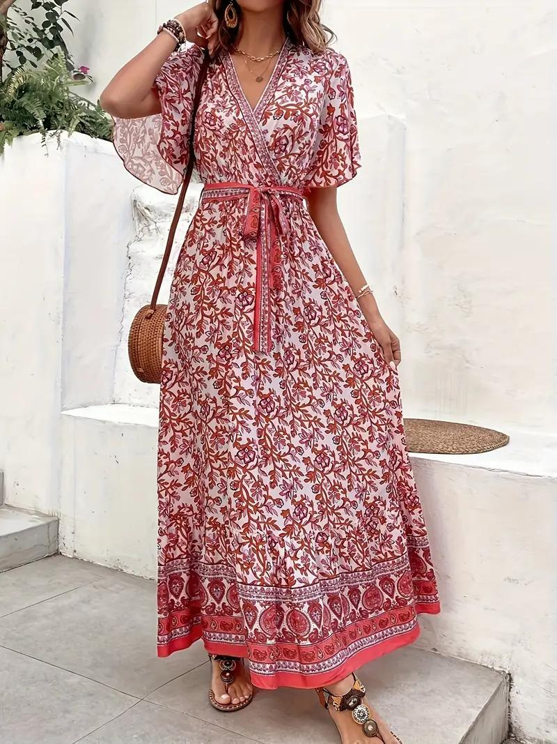 Maxi Dress Floral Print V-Neck Tie Waist Short Sleeve Flowy Bohemian Summer Dress-82359-7a21cccf-a0fe-41b2-84ea-e3f917efa1fd