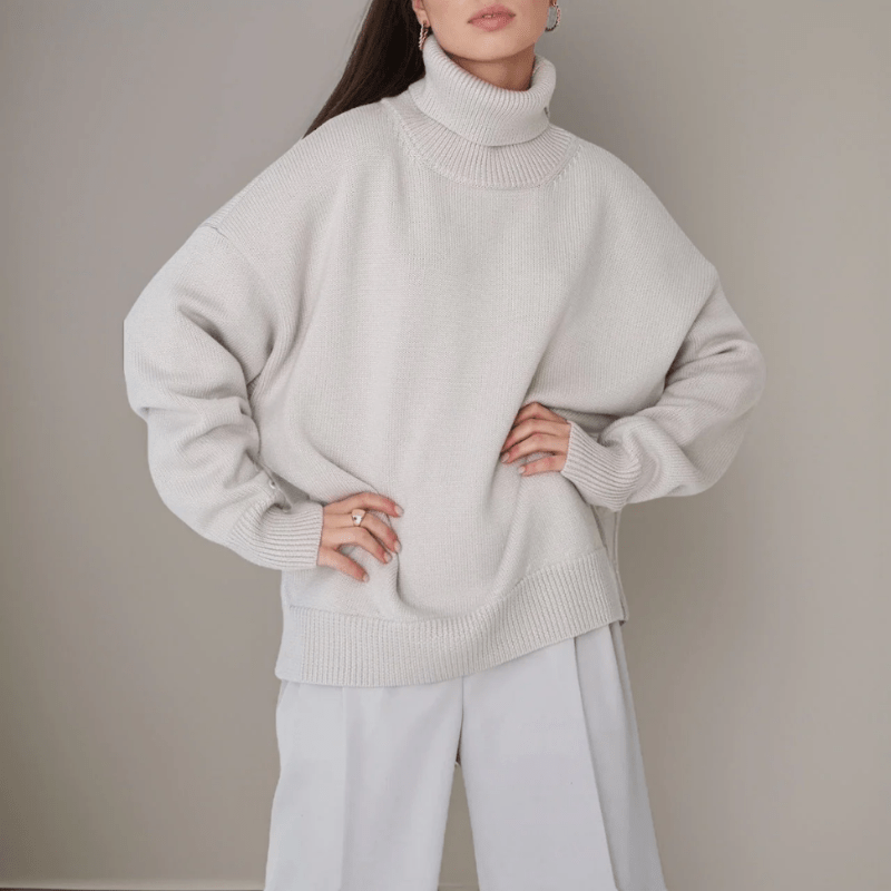 Oversized Knit Sweater - Ribbed Turtleneck