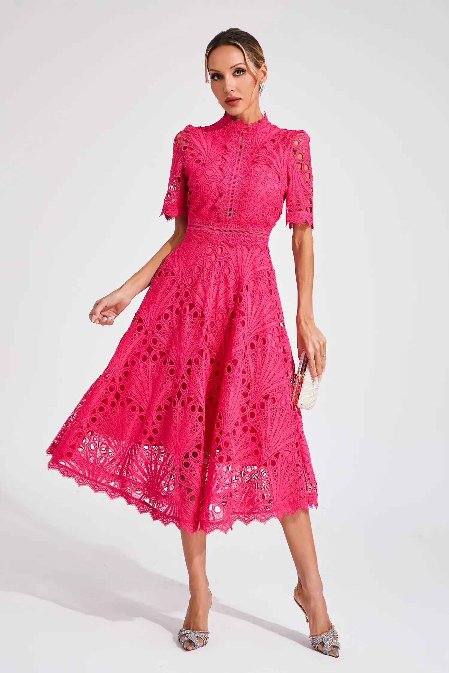 Women's Lace Midi Dress – High Neckline, Short Sleeve, Cut-Out Detail-83326-7b095fd6-dff8-4efc-a257-68a97d69cb0a