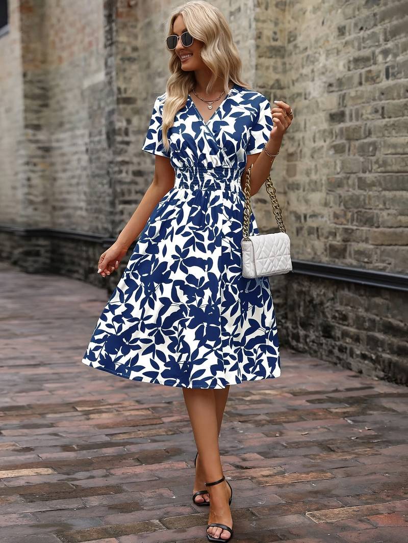 Floral Midi Dress - V-Neck & Elastic Waist