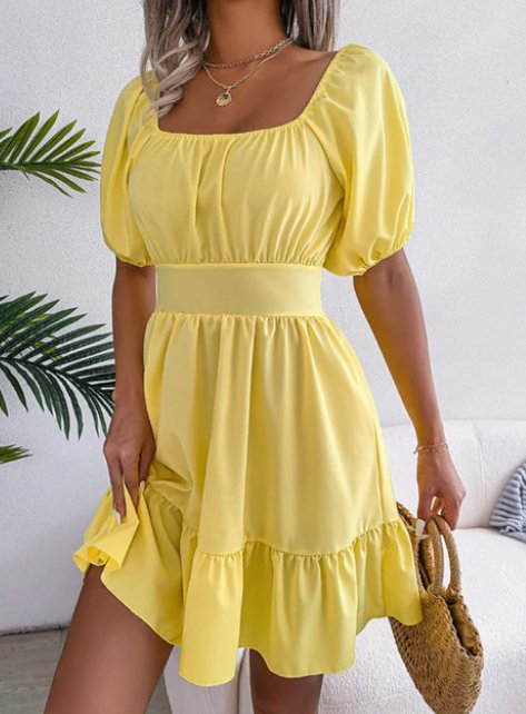 Ruffle Hem Short Dress with Puff Sleeves