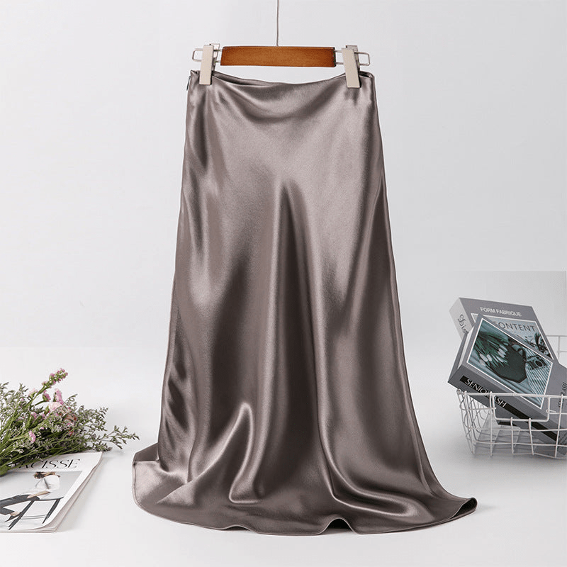 Satin Midi Skirt - High Waist, Flared Hem
