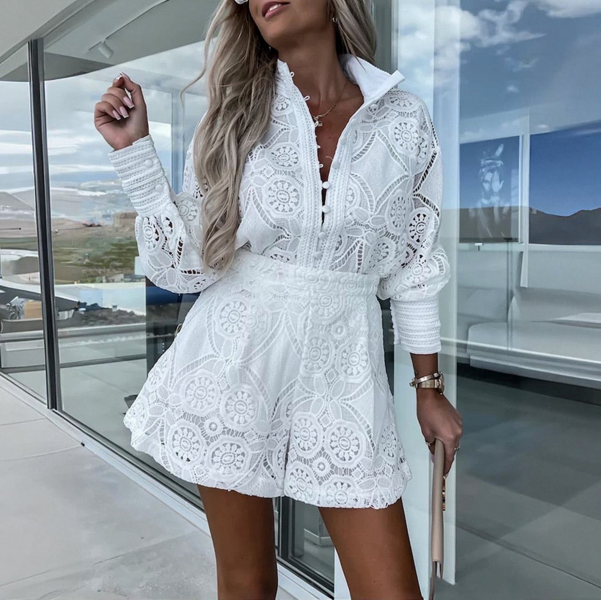 Women's Lace Long Sleeve Button-Down Romper – Elegant, Versatile Style-83324-7c51247a-b64a-4720-b8f0-b7bd5a61928f