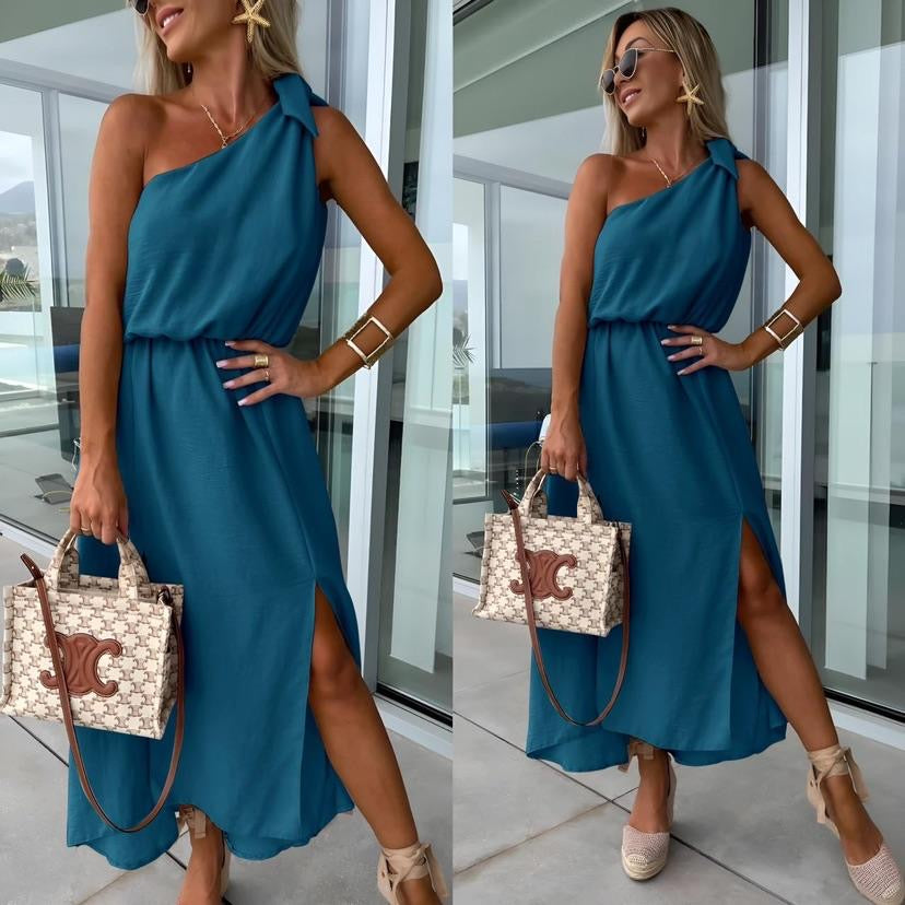 Women's One-Shoulder Maxi Dress – Asymmetrical Neckline, Side Slit, Waist Tie-83342-7db3984d-bae7-4f79-b2eb-d07712d53b0a