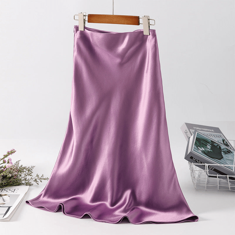 Satin Midi Skirt - High Waist, Flared Hem
