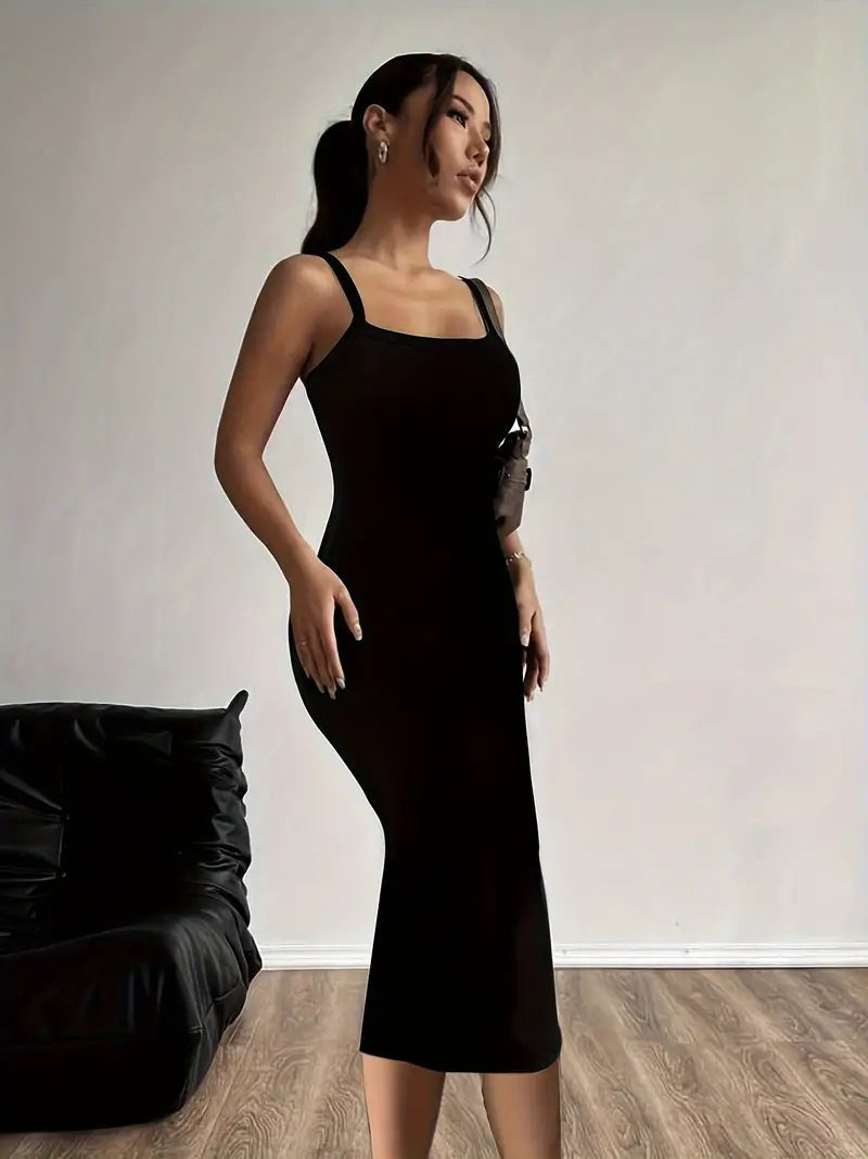 Black Midi Dress - Adjustable Straps, Side Slit