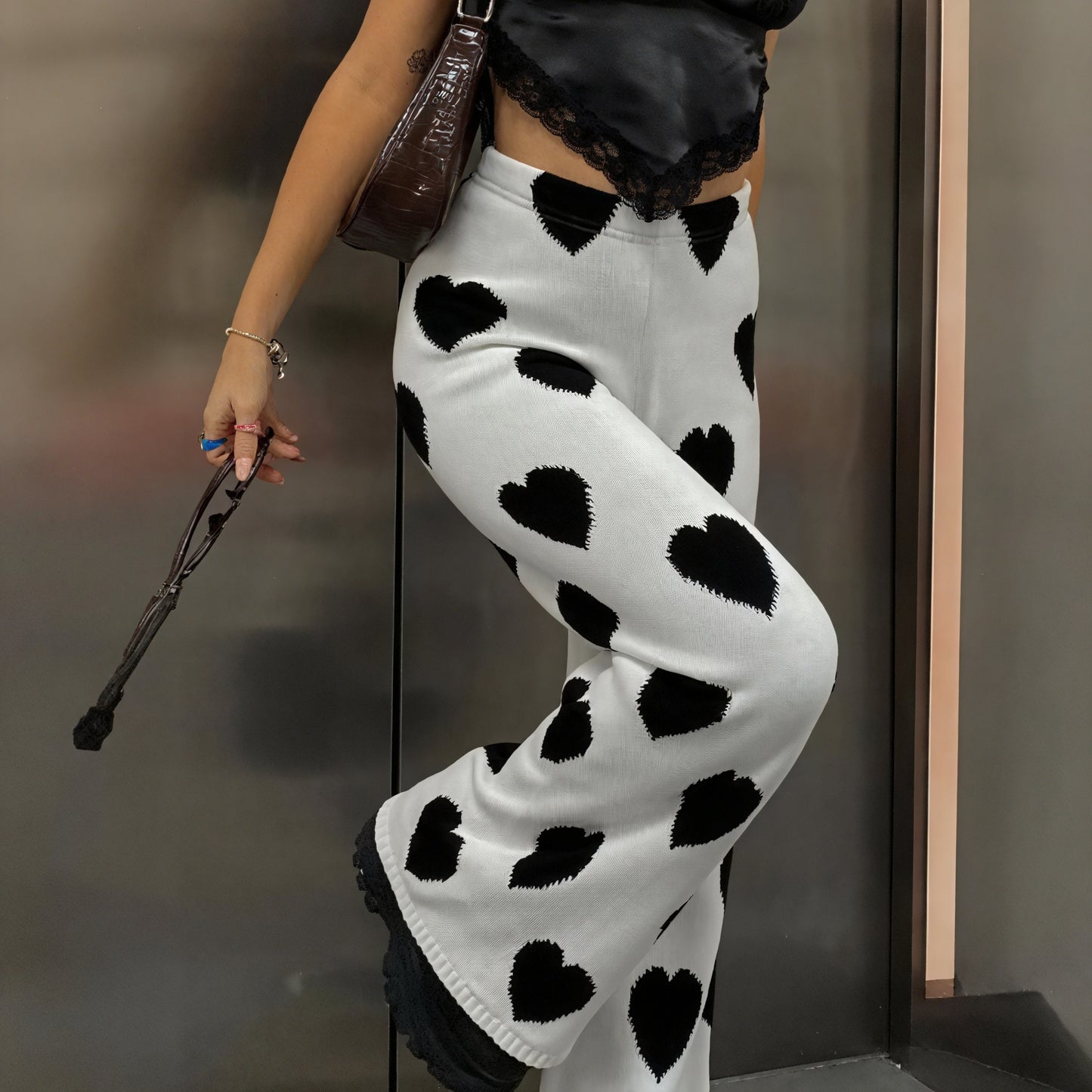 Heart Pattern Wide-Leg Knit Pants