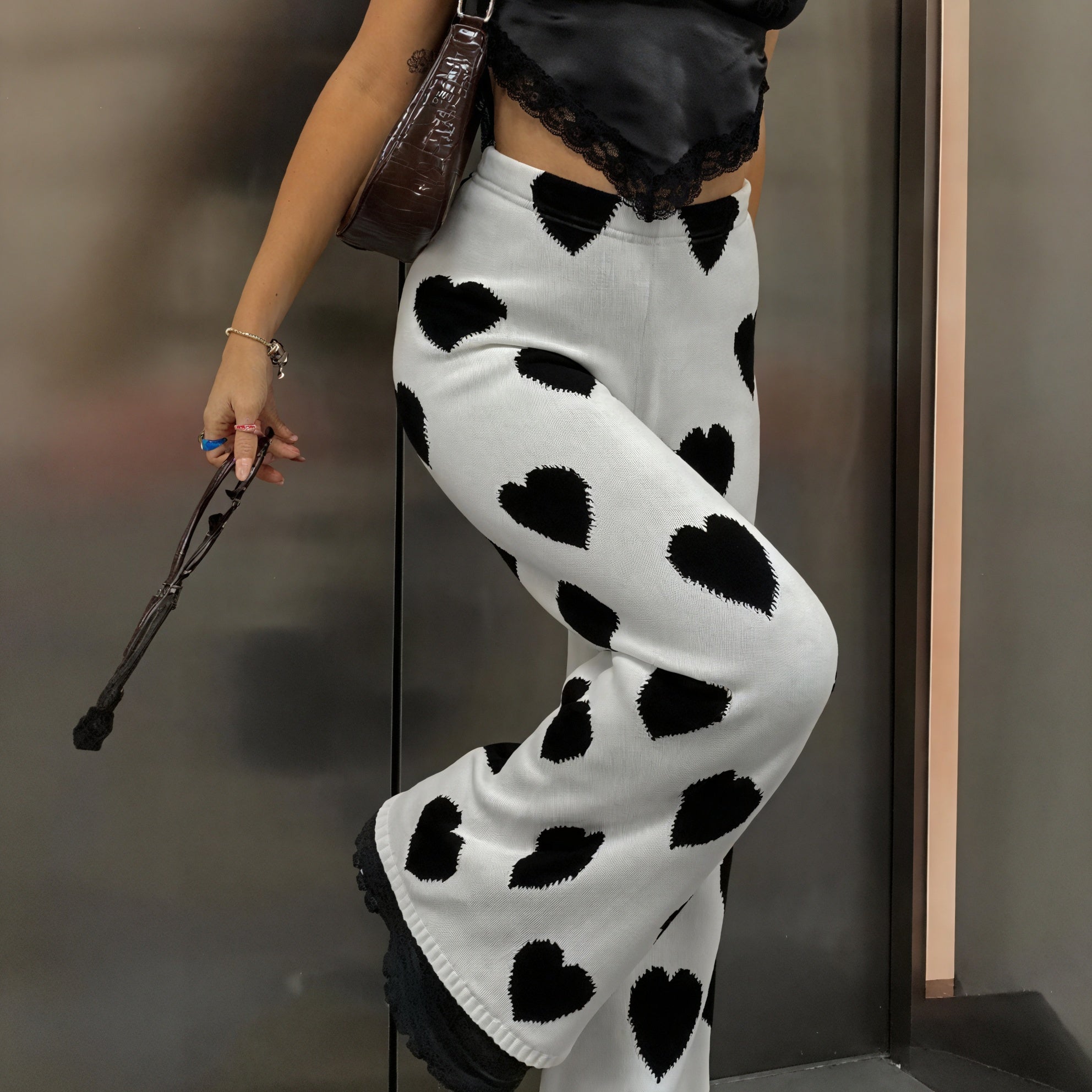 Heart Pattern Wide-Leg Knit Pants